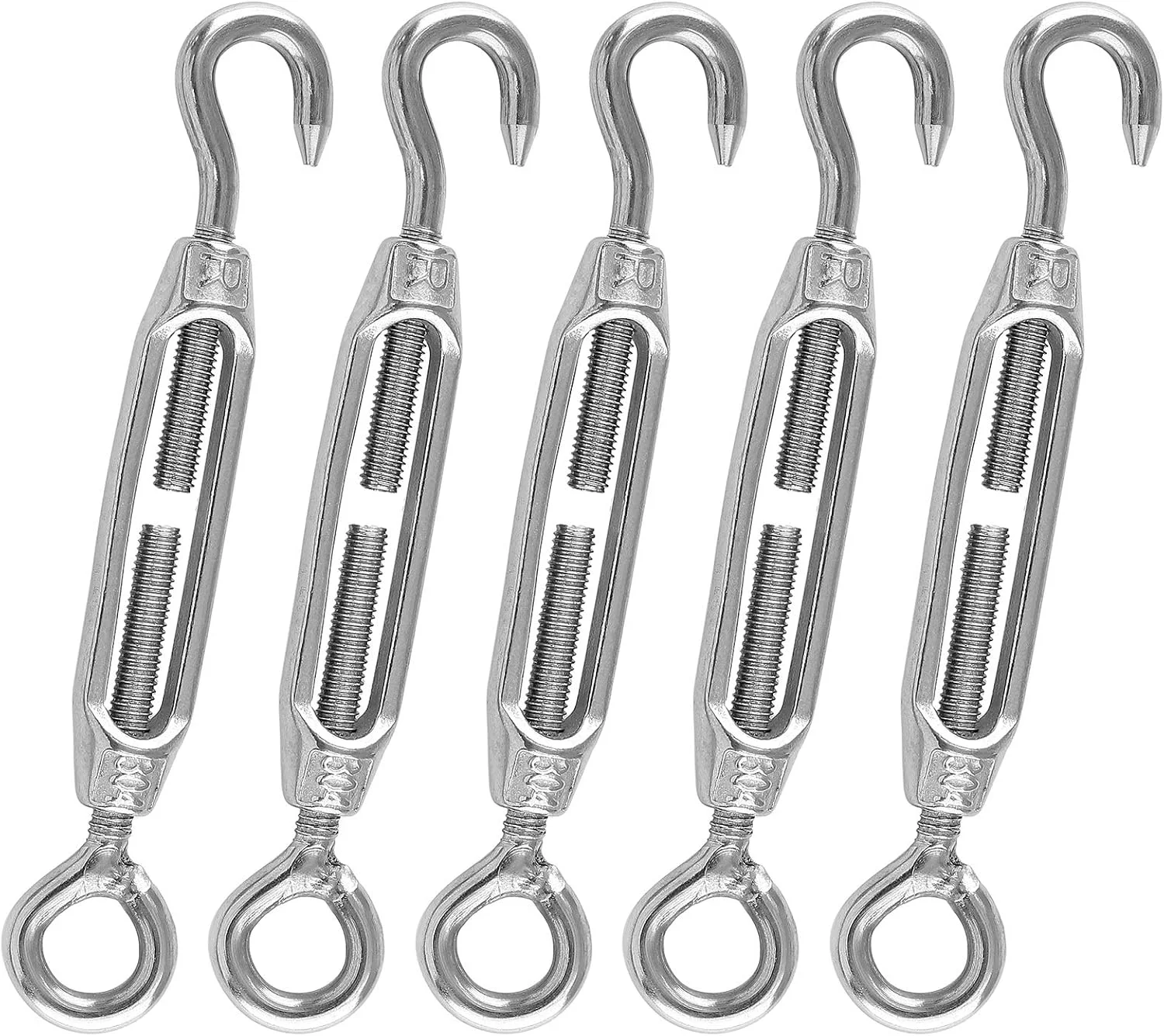 5 عدد بست فلزی M4 از جنس استیل ضد زنگ 304، قلاب و چشمی، مهارکش سیم بکسل قابل تنظیم