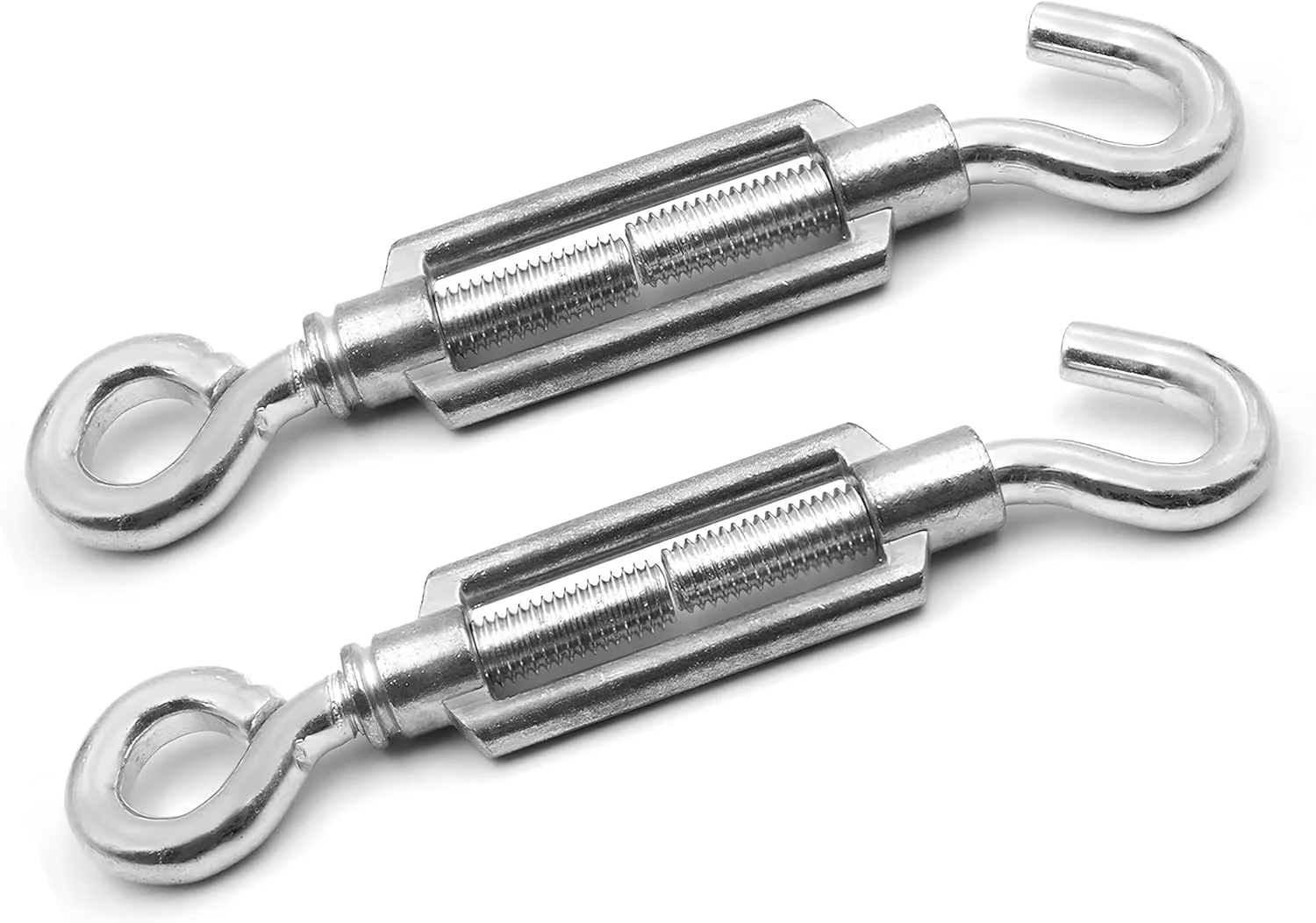 مهارکش چشمی-قلابی فولادی با قابلیت تنظیم کشش سیم بکسل، بدنه باز و پیچ اتصال برای حصارکشی، سایبان، آنتن، داربست باغ و کاربردهای بستن