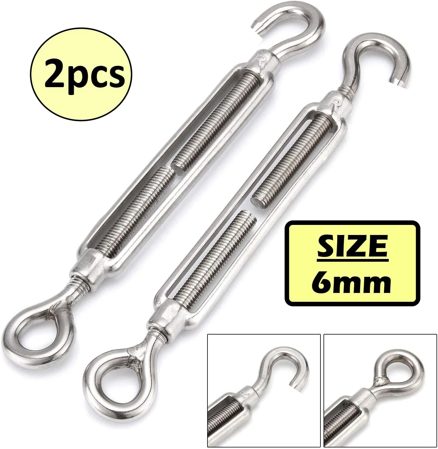 مهارکش چشمی-قلابی فولادی با قابلیت تنظیم کشش سیم بکسل، بدنه باز و پیچ اتصال برای حصارکشی، سایبان، آنتن، داربست باغ و کاربردهای بستن