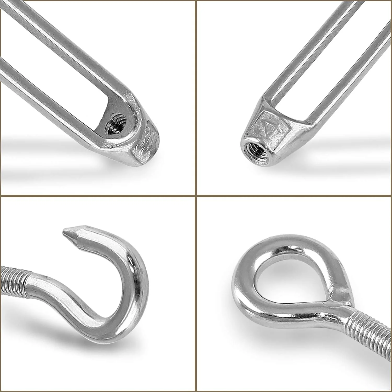 5 عدد بست فلزی M4 از جنس استیل ضد زنگ 304، قلاب و چشمی، مهارکش سیم بکسل قابل تنظیم