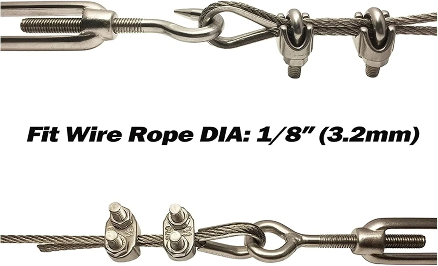 مجموعه جدید شامل 4 عدد مهارکش (چشمی و قلاب، M6)، 16 عدد بست/گیره سیم بکسل 1/8 اینچی (M3)، 8 عدد انگشتانه (M3)، استیل ضد زنگ K (رنگ: نقره ای)
