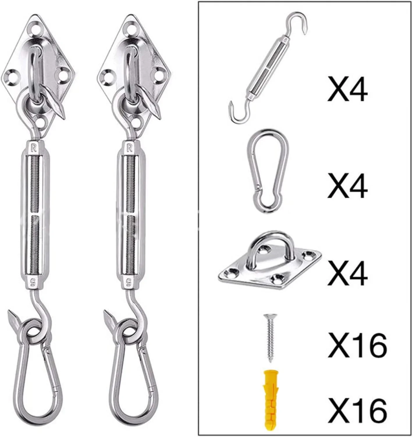 کیت سخت افزاری سایبان 5 میلی متری - مجموعه لوازم جانبی نصب سایه بان استیل ضد زنگ 304، شامل چشم های الماسی، مهارکش ها، قلاب های فشاری برای کمپینگ، پیک نیک، کشش و محکم کردن