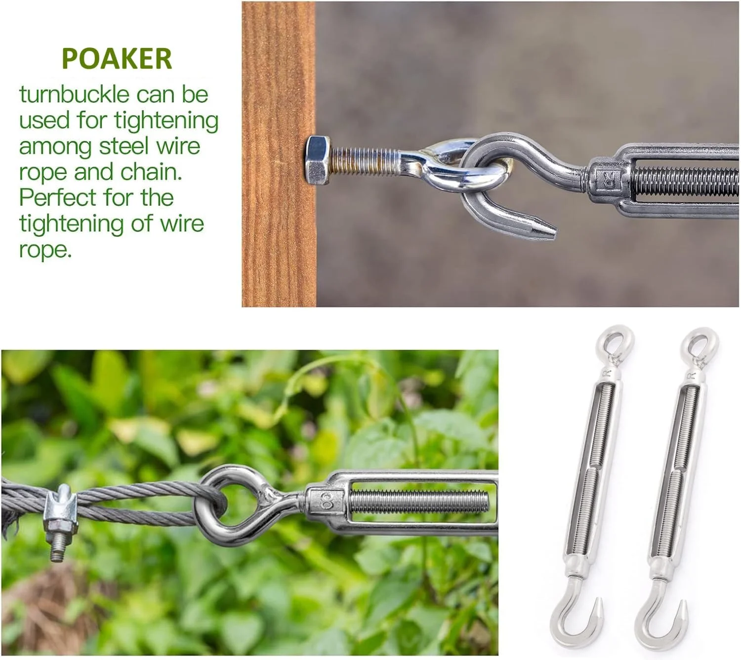 مهارکش چشمی-قلابی فولادی با قابلیت تنظیم کشش سیم بکسل، بدنه باز و پیچ اتصال برای حصارکشی، سایبان، آنتن، داربست باغ و کاربردهای بستن