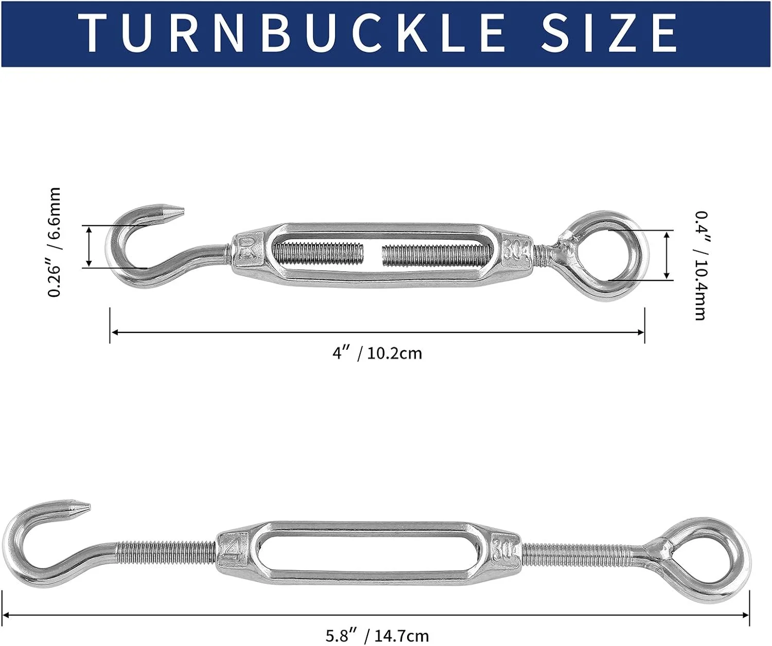 5 عدد بست فلزی M4 از جنس استیل ضد زنگ 304، قلاب و چشمی، مهارکش سیم بکسل قابل تنظیم