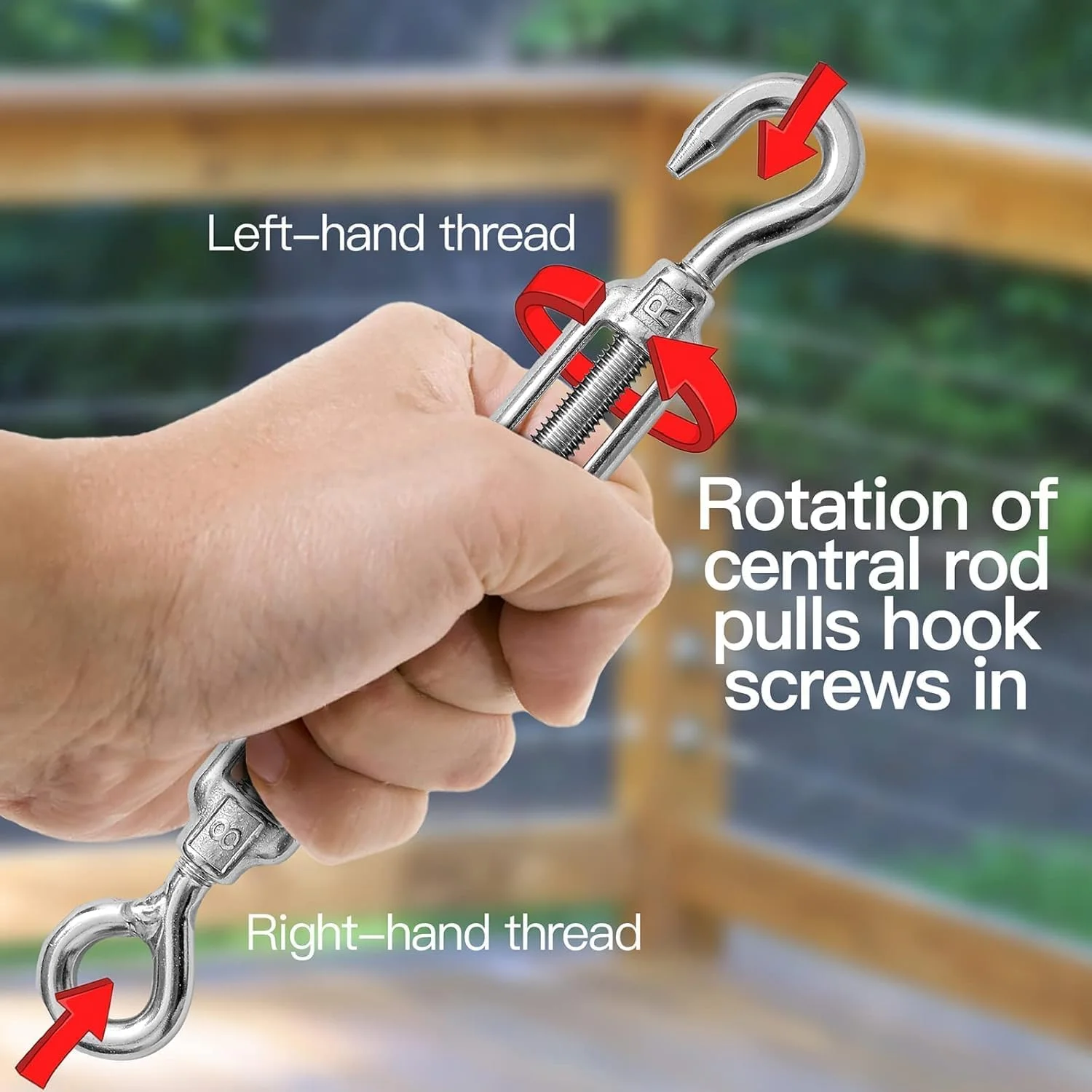 مهارکش چشمی-قلابی فولادی با قابلیت تنظیم کشش سیم بکسل، بدنه باز و پیچ اتصال برای حصارکشی، سایبان، آنتن، داربست باغ و کاربردهای بستن