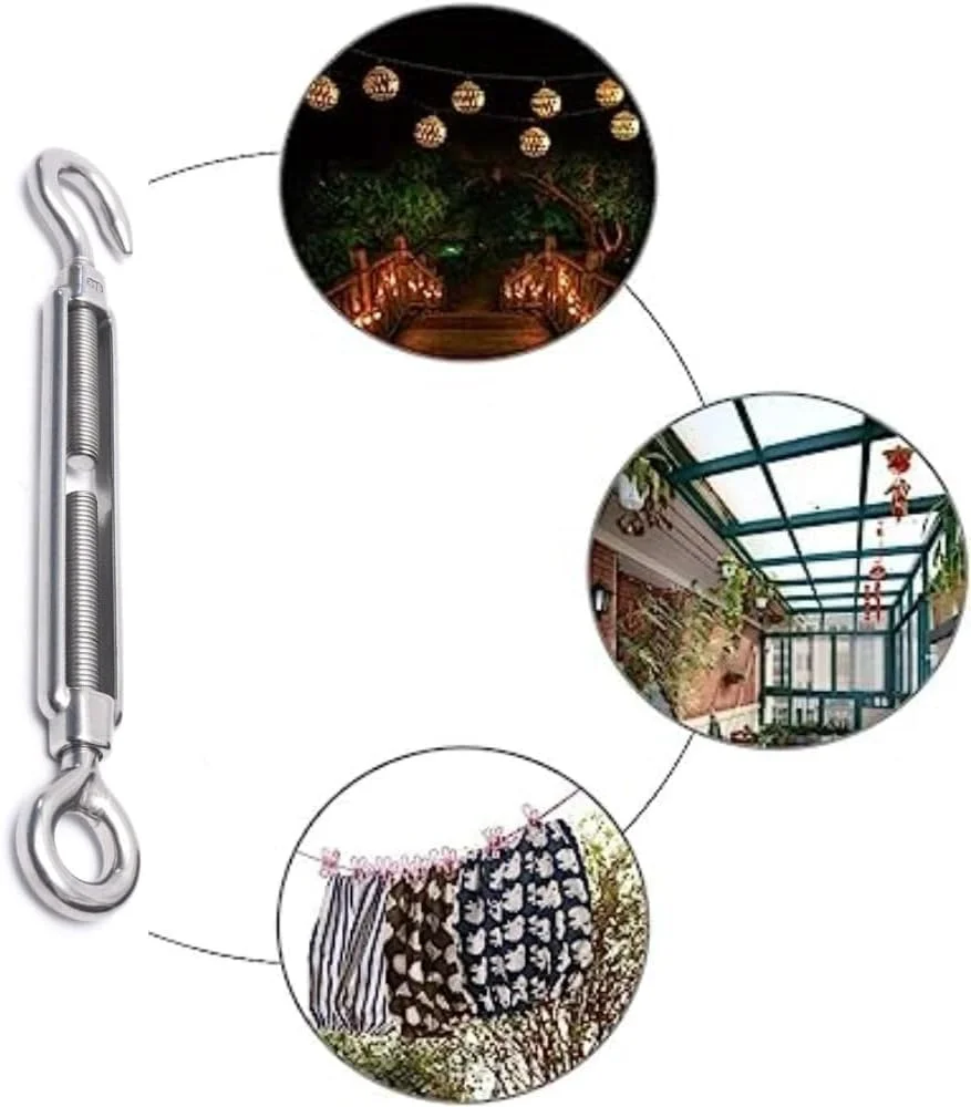 مهارکش چشمی-قلابی فولادی با قابلیت تنظیم کشش سیم بکسل، بدنه باز و پیچ اتصال برای حصارکشی، سایبان، آنتن، داربست باغ و کاربردهای بستن