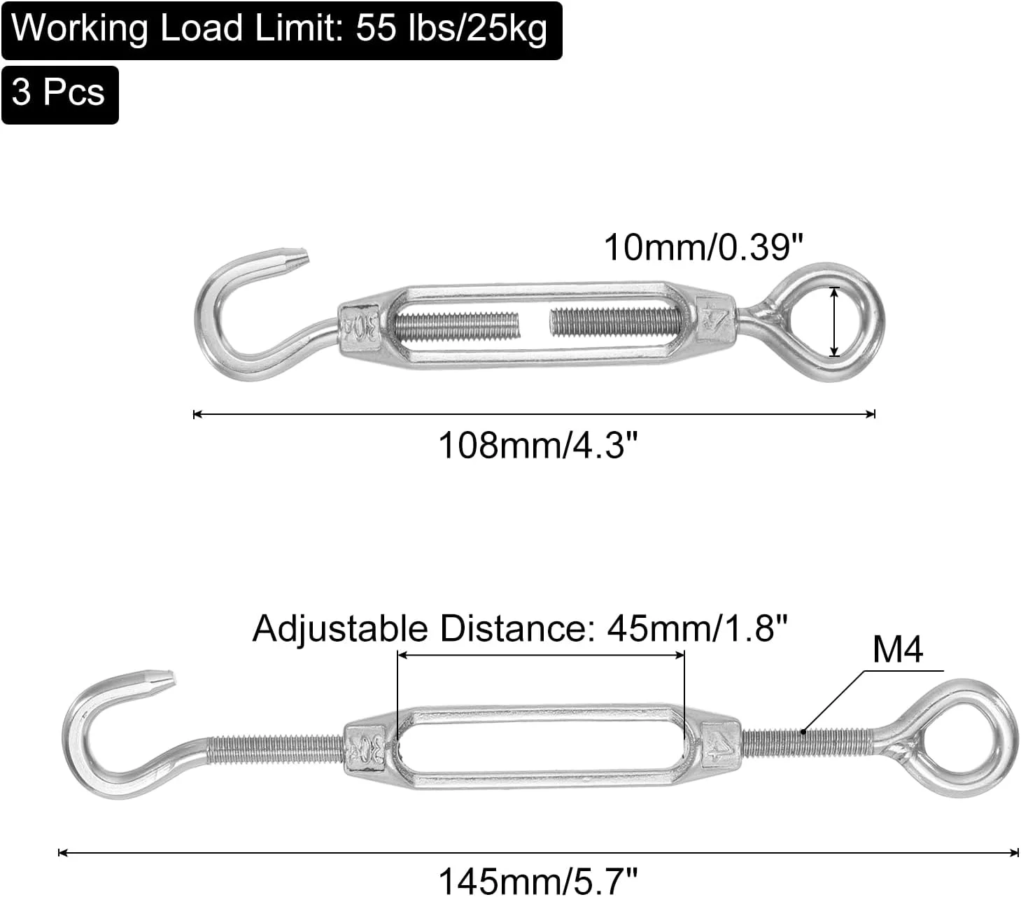 مهارکش قلاب و چشمی M4 برای کشش سیم بکسل، مهارکش استیل ضد زنگ 304 قابل تنظیم برای آویز ریسه و سایبان، بسته 3 عددی