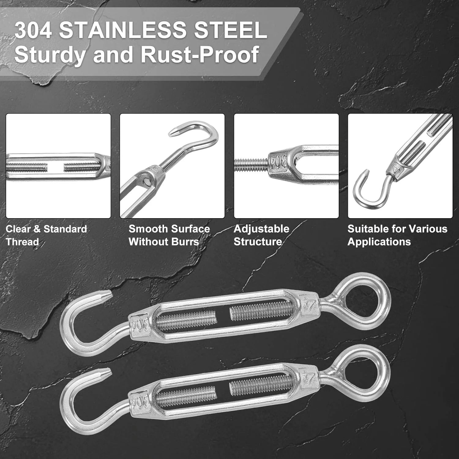 مهارکش قلاب و چشمی M4 برای کشش سیم بکسل، مهارکش استیل ضد زنگ 304 قابل تنظیم برای آویز ریسه و سایبان، بسته 3 عددی
