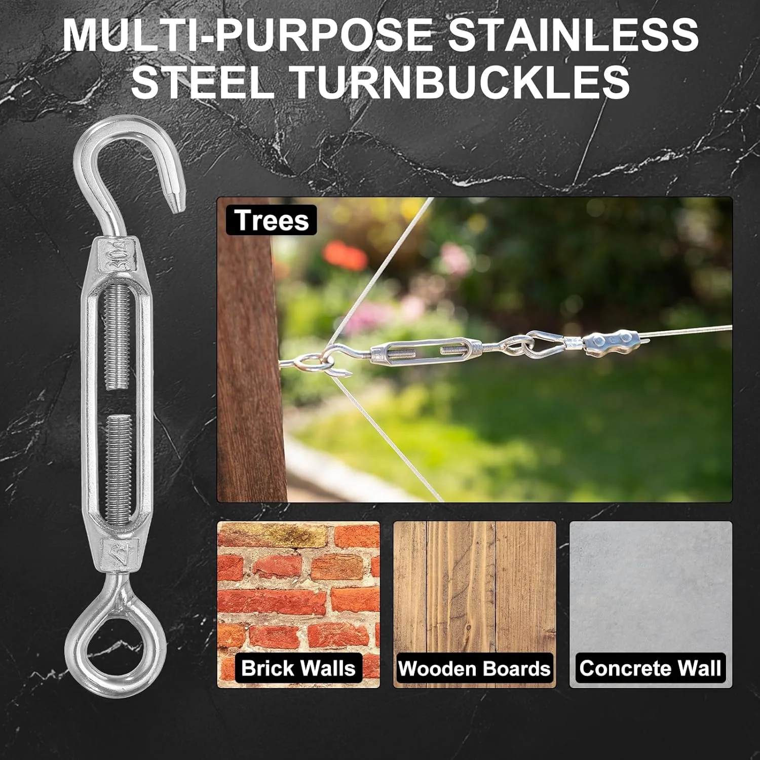 مهارکش قلاب و چشمی M4 برای کشش سیم بکسل، مهارکش استیل ضد زنگ 304 قابل تنظیم برای آویز ریسه و سایبان، بسته 3 عددی