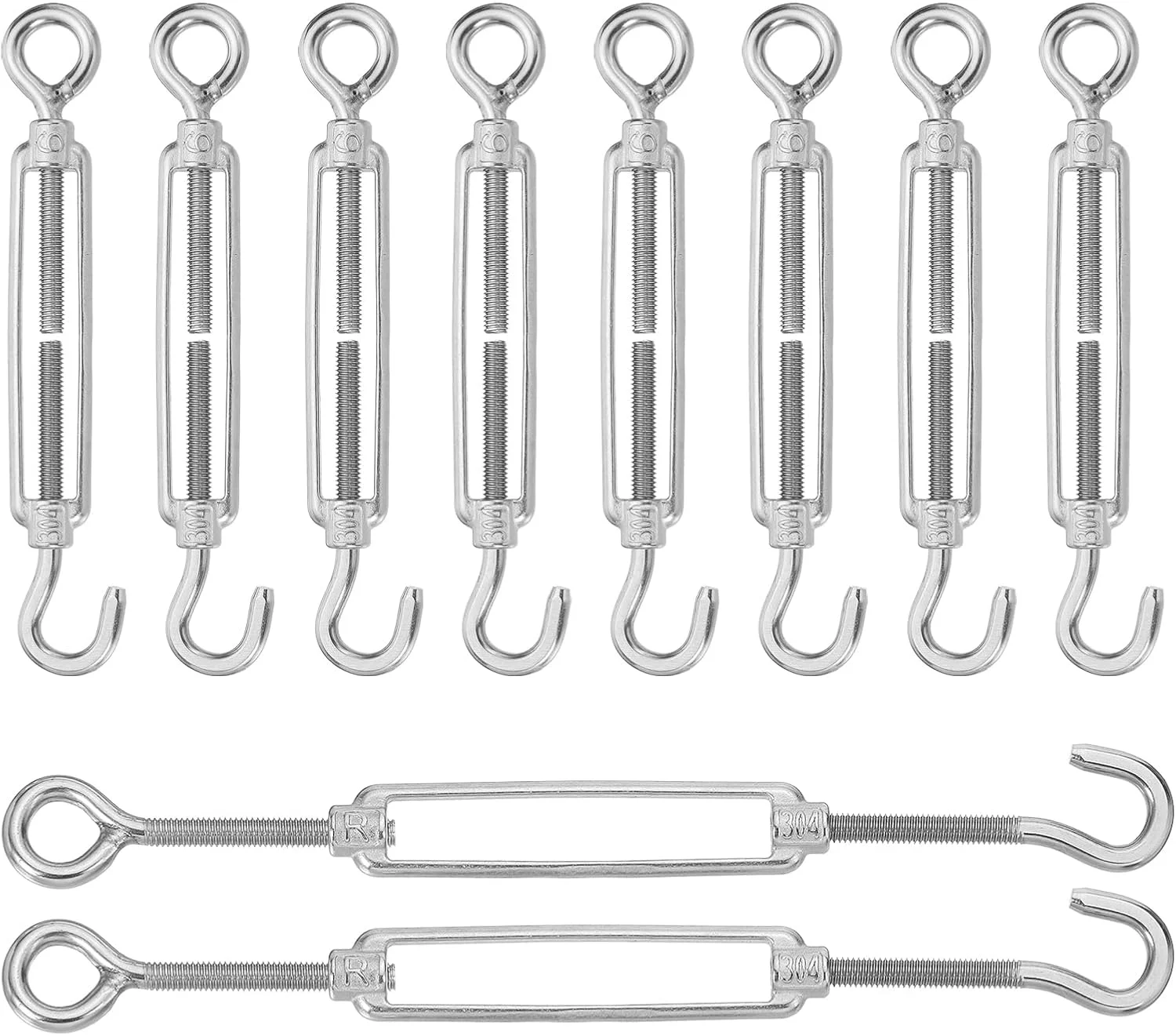 مهارکش قلاب و چشمی M6 برای کشش سیم بکسل، مهارکش استیل ضد زنگ 304 قابل تنظیم برای آویز کردن ریسه و سایبان، بسته 10 عددی