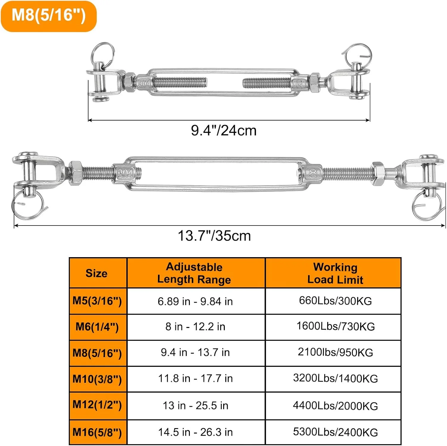 دو عدد مهارکش فک و فک M8 (5/16 اینچ) برای کشش سیم بکسل، مهارکش فولاد ضد زنگ 304 قابل تنظیم برای سایبان، بند رخت، ظرفیت بار کاری 950 کیلوگرم