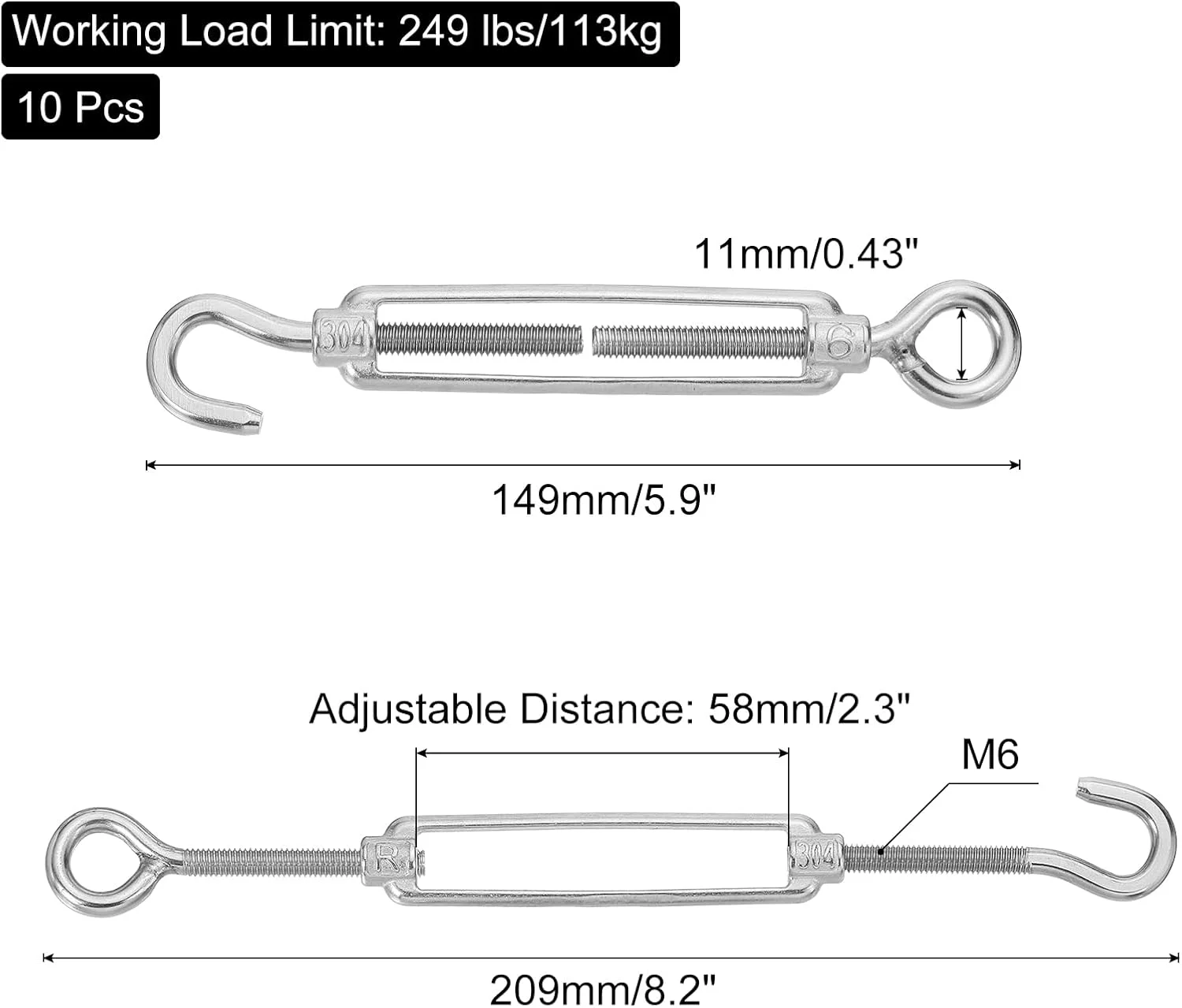مهارکش قلاب و چشمی M6 برای کشش سیم بکسل، مهارکش استیل ضد زنگ 304 قابل تنظیم برای آویز کردن ریسه و سایبان، بسته 10 عددی