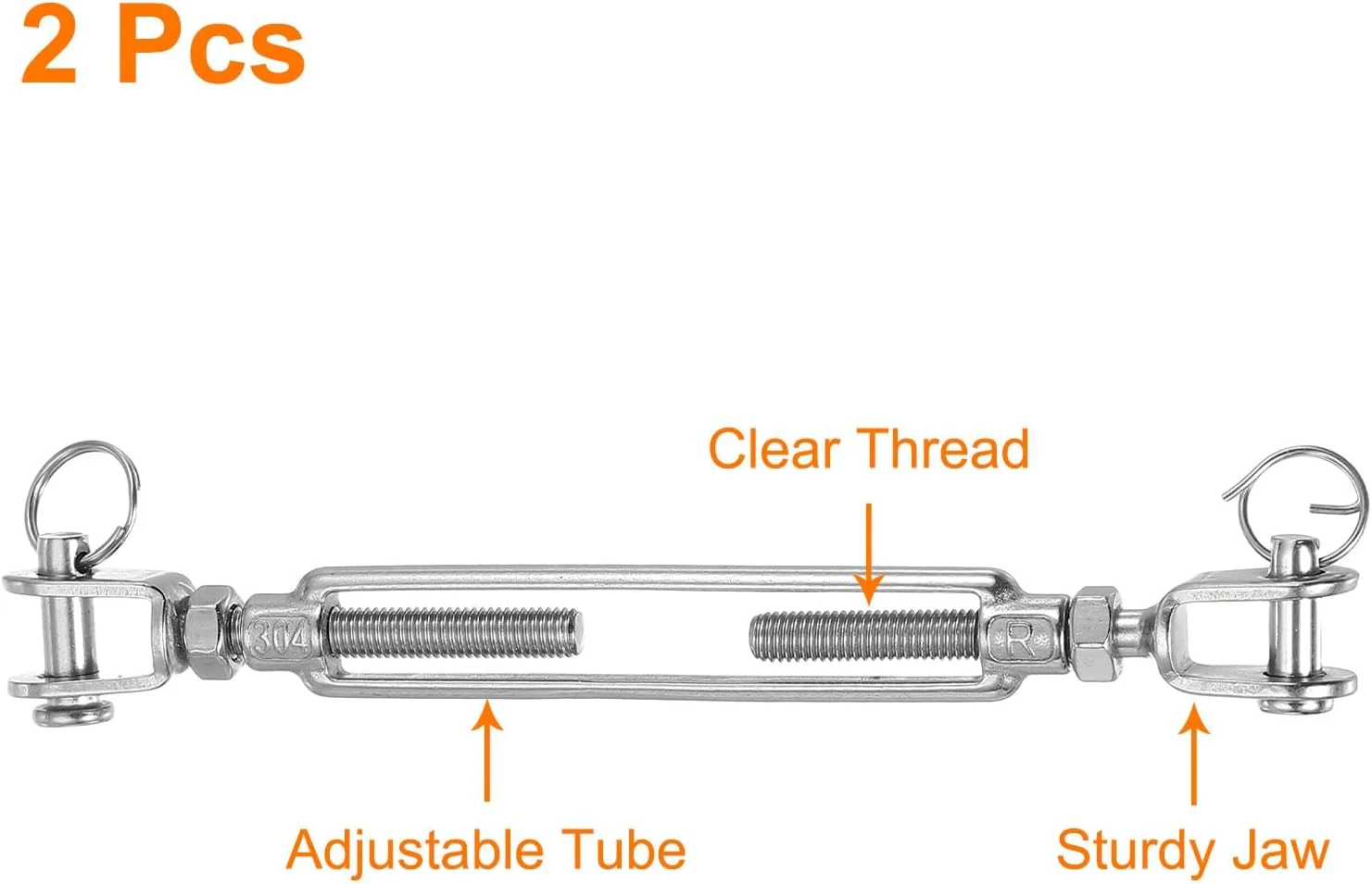 دو عدد مهارکش فک و فک M8 (5/16 اینچ) برای کشش سیم بکسل، مهارکش فولاد ضد زنگ 304 قابل تنظیم برای سایبان، بند رخت، ظرفیت بار کاری 950 کیلوگرم
