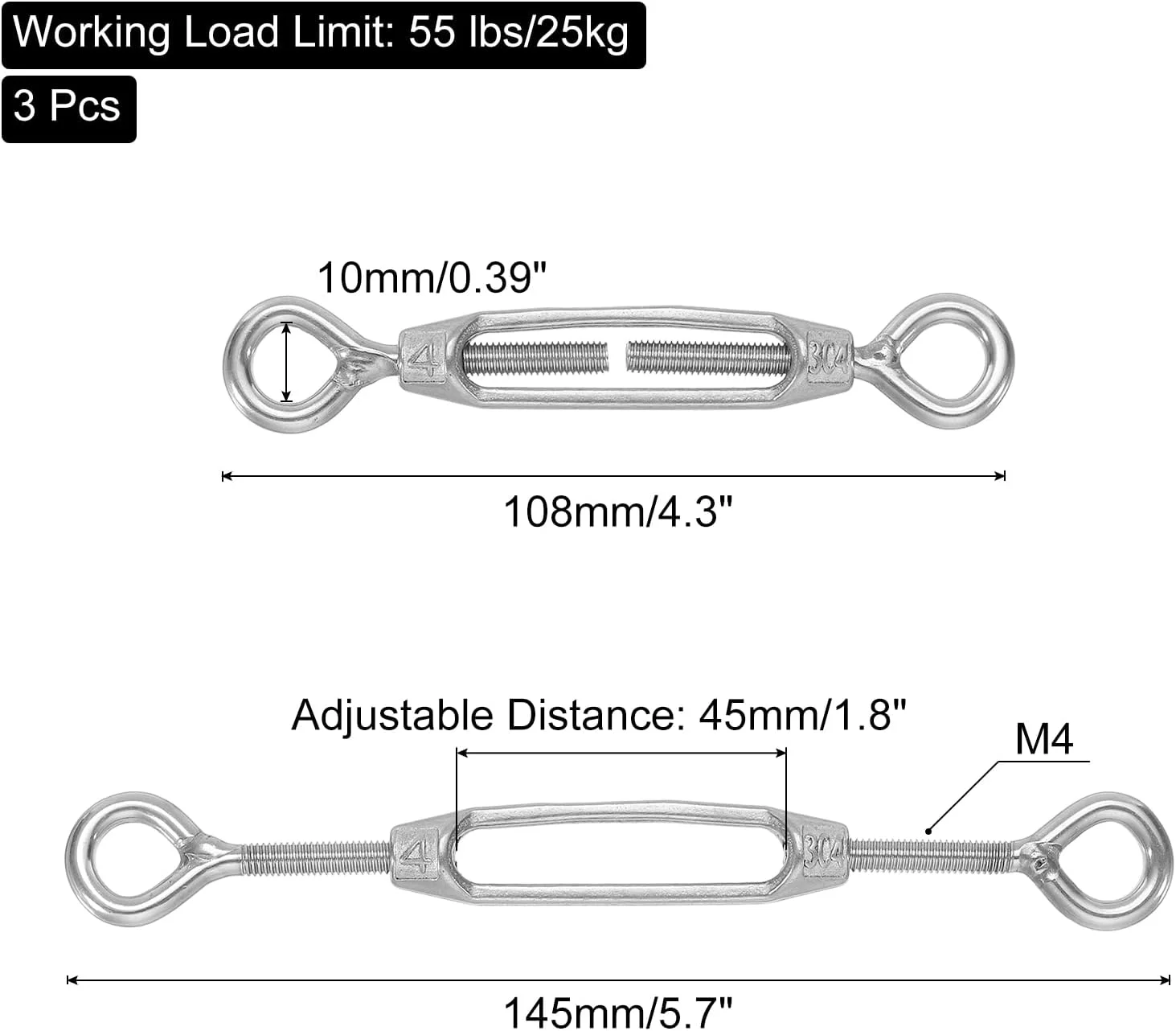 مهارکش چشمی-چشمی M4 برای کشش سیم و کابل، مهارکش قابل تنظیم استیل ضد زنگ 304 برای آویز ریسه و سایبان، بسته 3 عددی