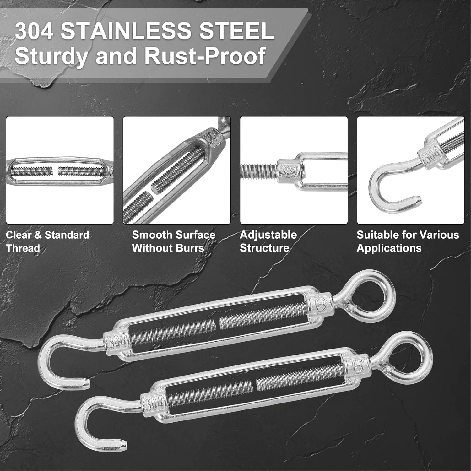 مهارکش قلاب و چشمی M6 برای کشش سیم بکسل، مهارکش استیل ضد زنگ 304 قابل تنظیم برای آویز کردن ریسه و سایبان، بسته 10 عددی
