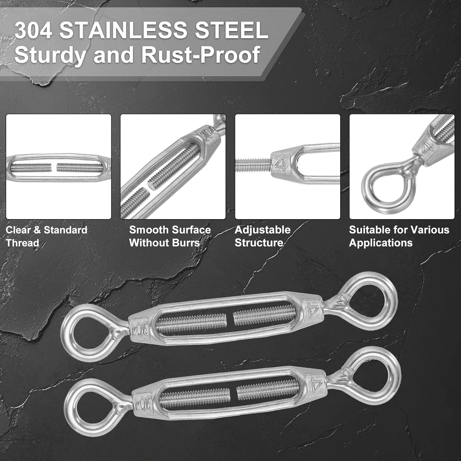 مهارکش چشمی-چشمی M4 برای کشش سیم و کابل، مهارکش قابل تنظیم استیل ضد زنگ 304 برای آویز ریسه و سایبان، بسته 3 عددی