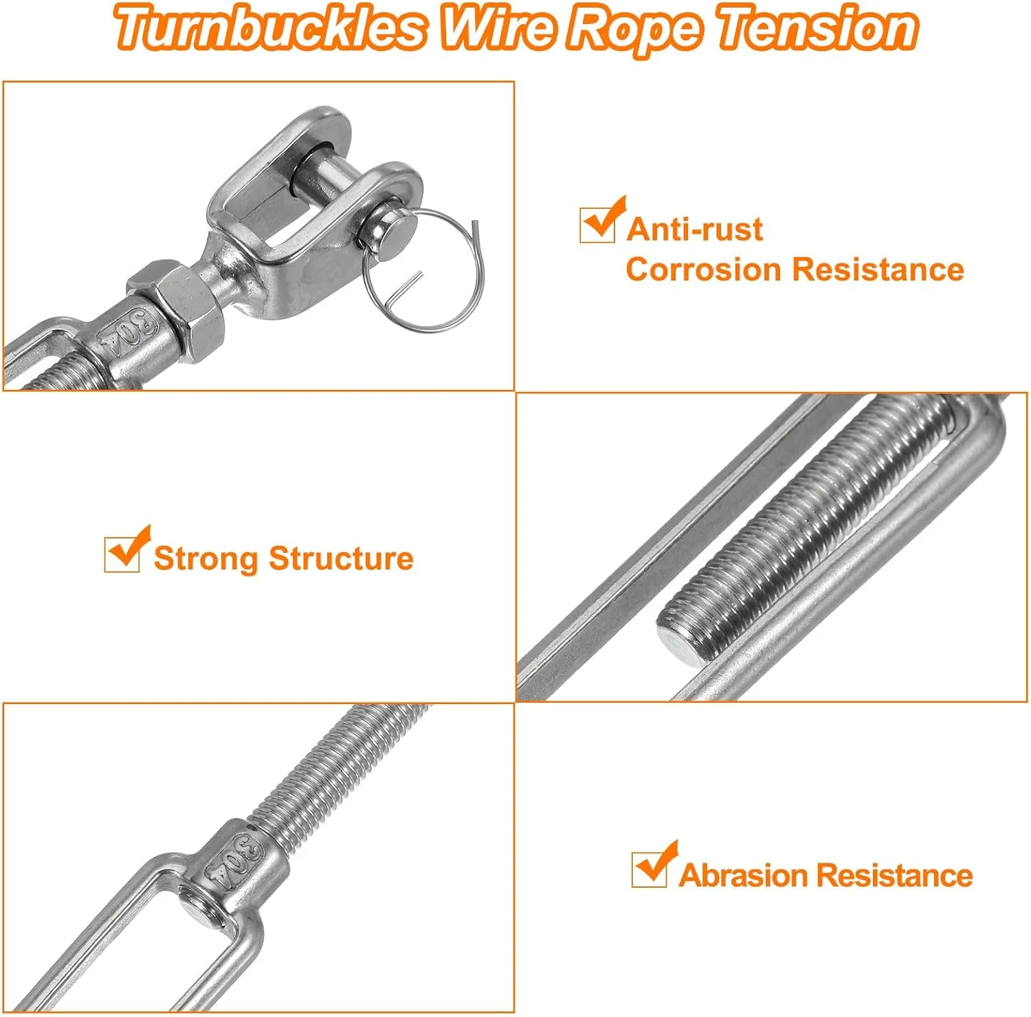 دو عدد مهارکش فک و فک M8 (5/16 اینچ) برای کشش سیم بکسل، مهارکش فولاد ضد زنگ 304 قابل تنظیم برای سایبان، بند رخت، ظرفیت بار کاری 950 کیلوگرم