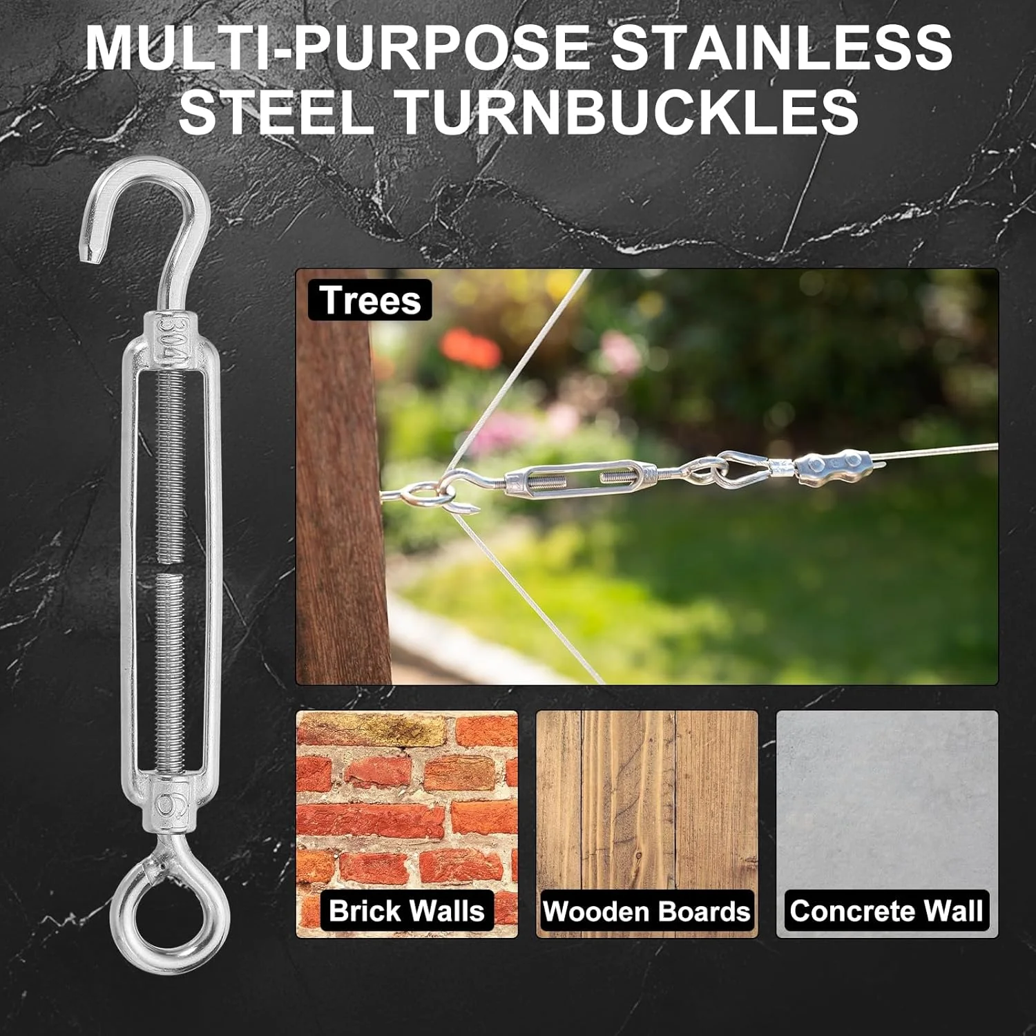 مهارکش قلاب و چشمی M6 برای کشش سیم بکسل، مهارکش استیل ضد زنگ 304 قابل تنظیم برای آویز کردن ریسه و سایبان، بسته 10 عددی