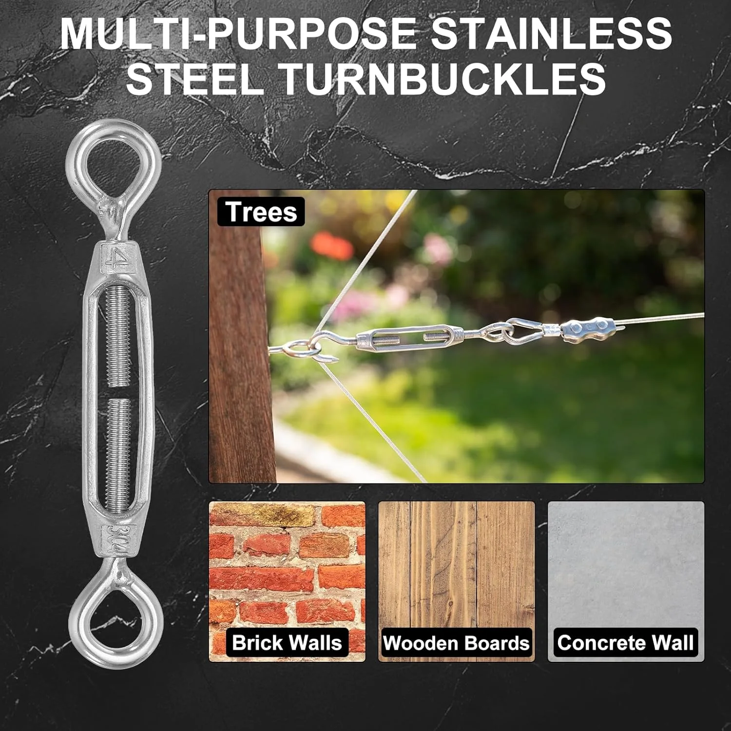 مهارکش چشمی-چشمی M4 برای کشش سیم و کابل، مهارکش قابل تنظیم استیل ضد زنگ 304 برای آویز ریسه و سایبان، بسته 3 عددی