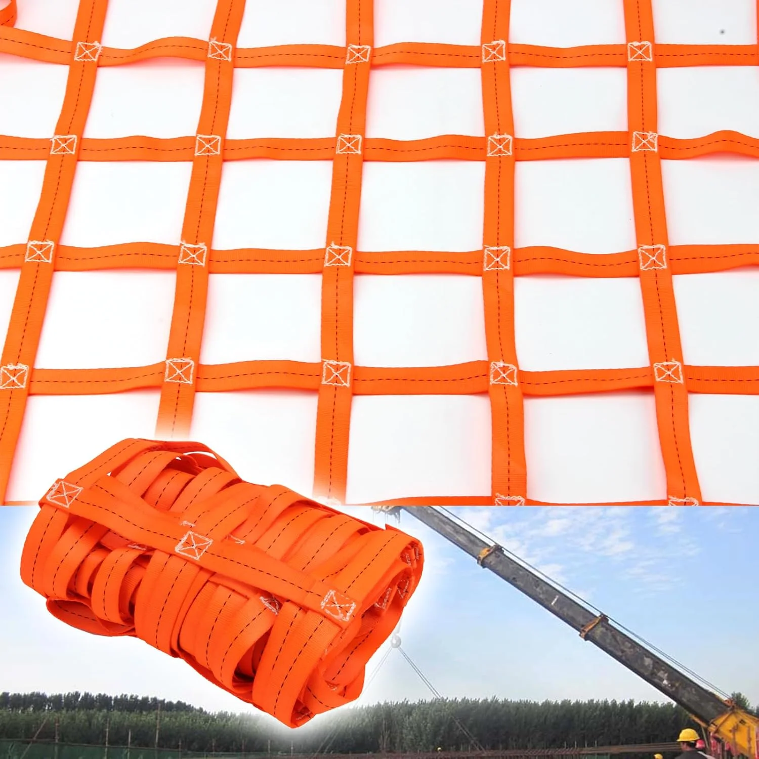 تسمه های توری ایمنی برای بلند کردن بار، توری تخت نایلونی 1x1 متر برای حمل و بلند کردن بار، توری مشبک مربعی برای جابجایی، کشیدن، بلند کردن و تخلیه بارهای سنگین در ساخت و ساز