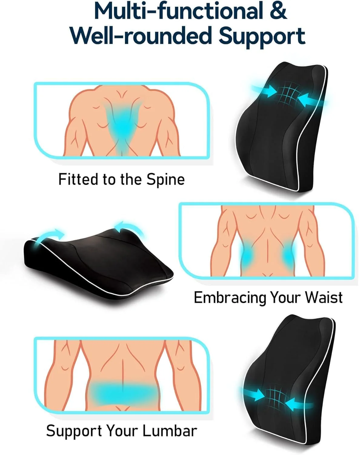 بالشتک طبی ارگونومیک پشتی برای صندلی اداری، صندلی خودرو و گیمینگ – فوم حافظه‌دار با روکش تنفسی و بندهای قابل تنظیم، مشکی