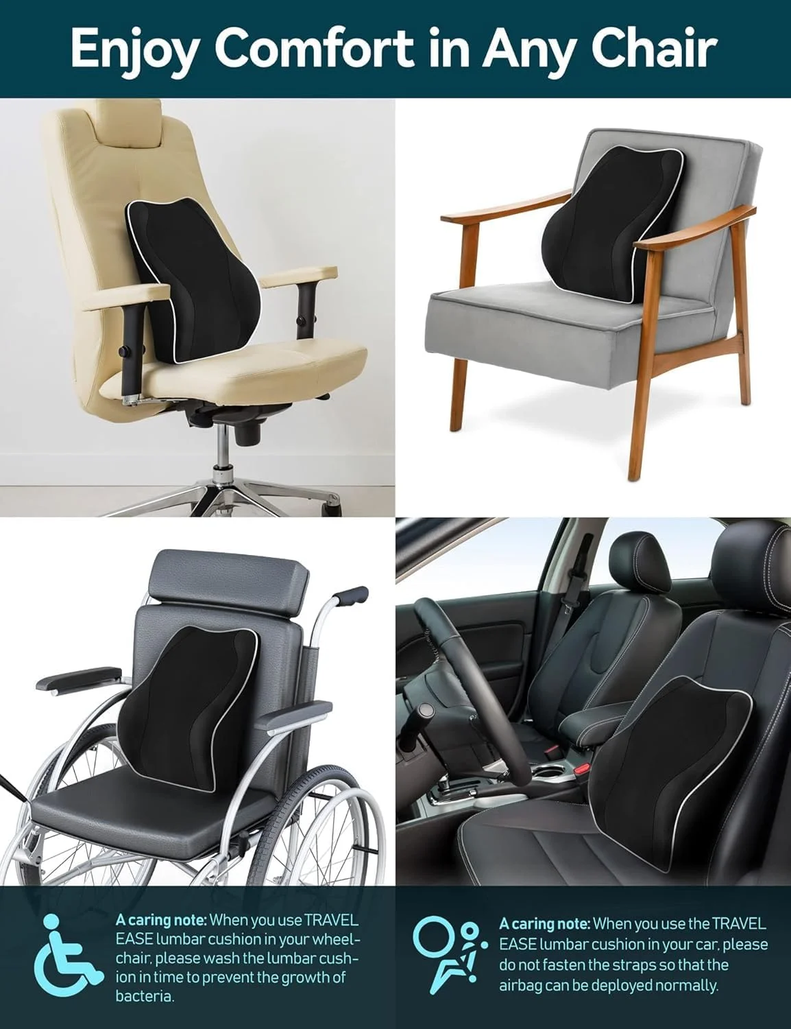 بالشتک طبی ارگونومیک پشتی برای صندلی اداری، صندلی خودرو و گیمینگ – فوم حافظه‌دار با روکش تنفسی و بندهای قابل تنظیم، مشکی