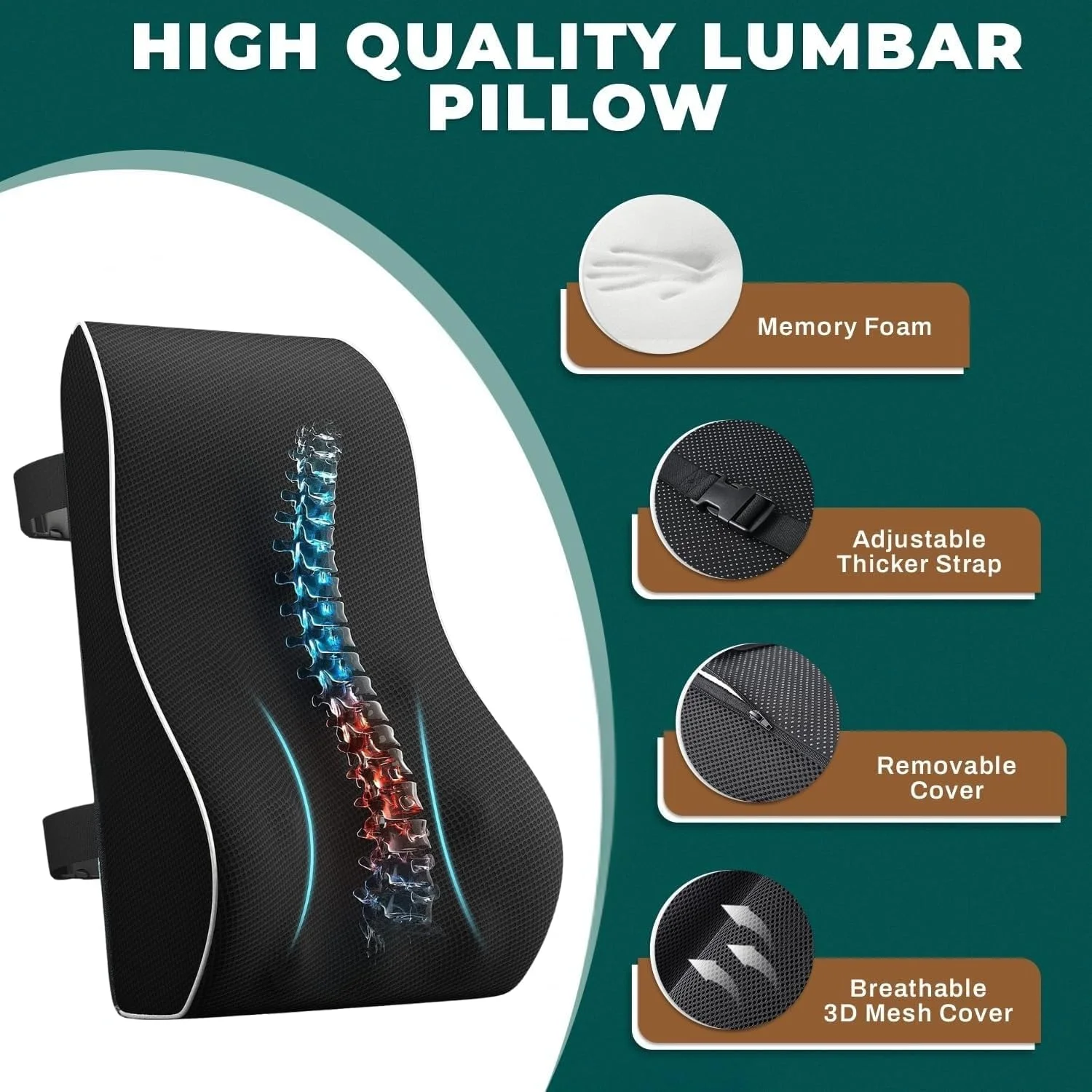 بالشتک پشتی کمری لیموس برای صندلی اداری و خودرو - کوسن تسکین درد کمر با فوم حافظه‌دار، روکش توری سه بعدی قابل تنفس، بندهای دوتایی قابل تنظیم - پشتیبانی ارگونومیک کمر برای صندلی گیمینگ، میز