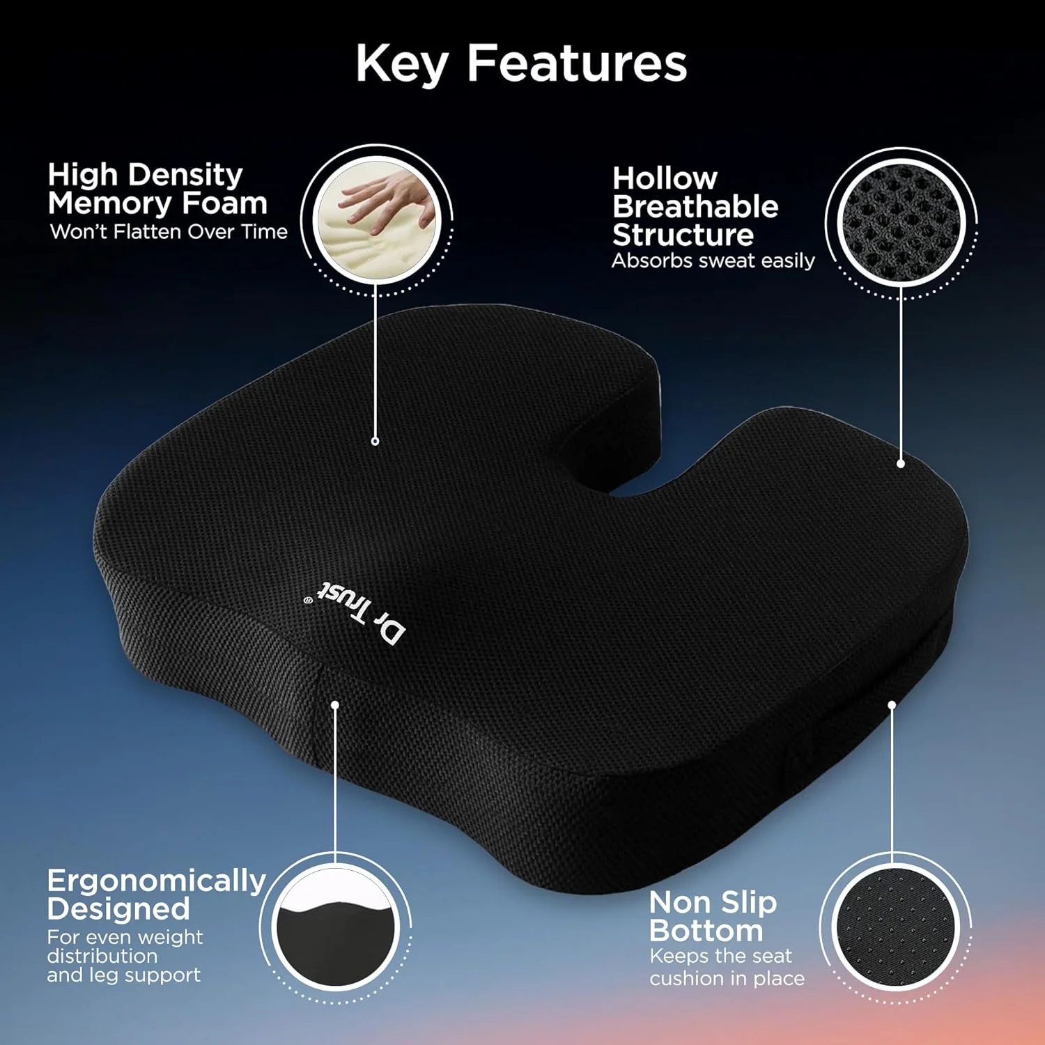 بالشتک طبی دنبالچه ضد لغزش دکتر تراست (آمریکا) برای تسکین درد دنبالچه و سیاتیک و پشتیبانی از باسن