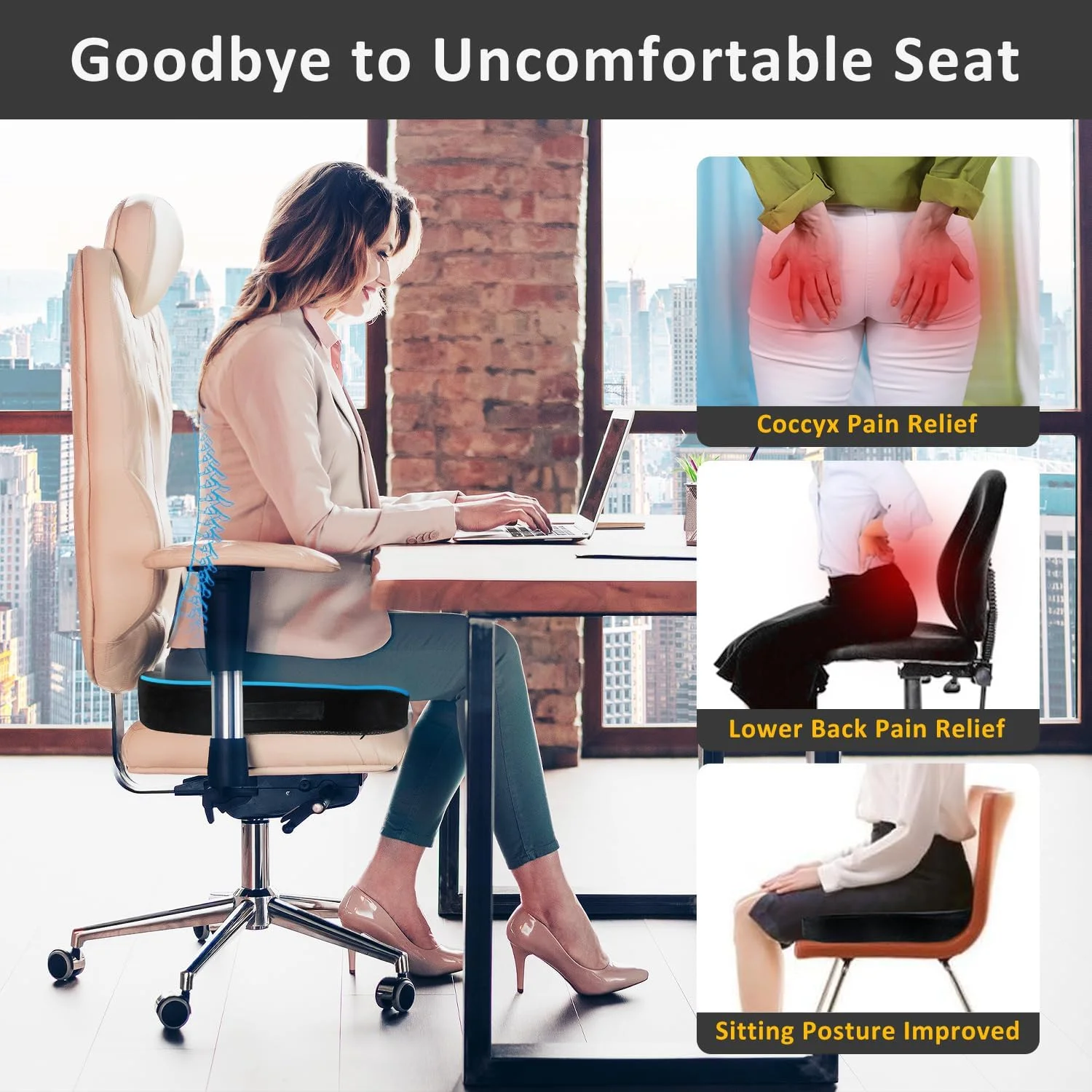 بالشتک صندلی، بالشتک صندلی اداری، بالشتک صندلی، بالشتک های صندلی بزرگ و ضخیم فوم حافظه دار برای تسکین درد دنبالچه، سیاتیک و کمر (روکش مخملی، مشکی)