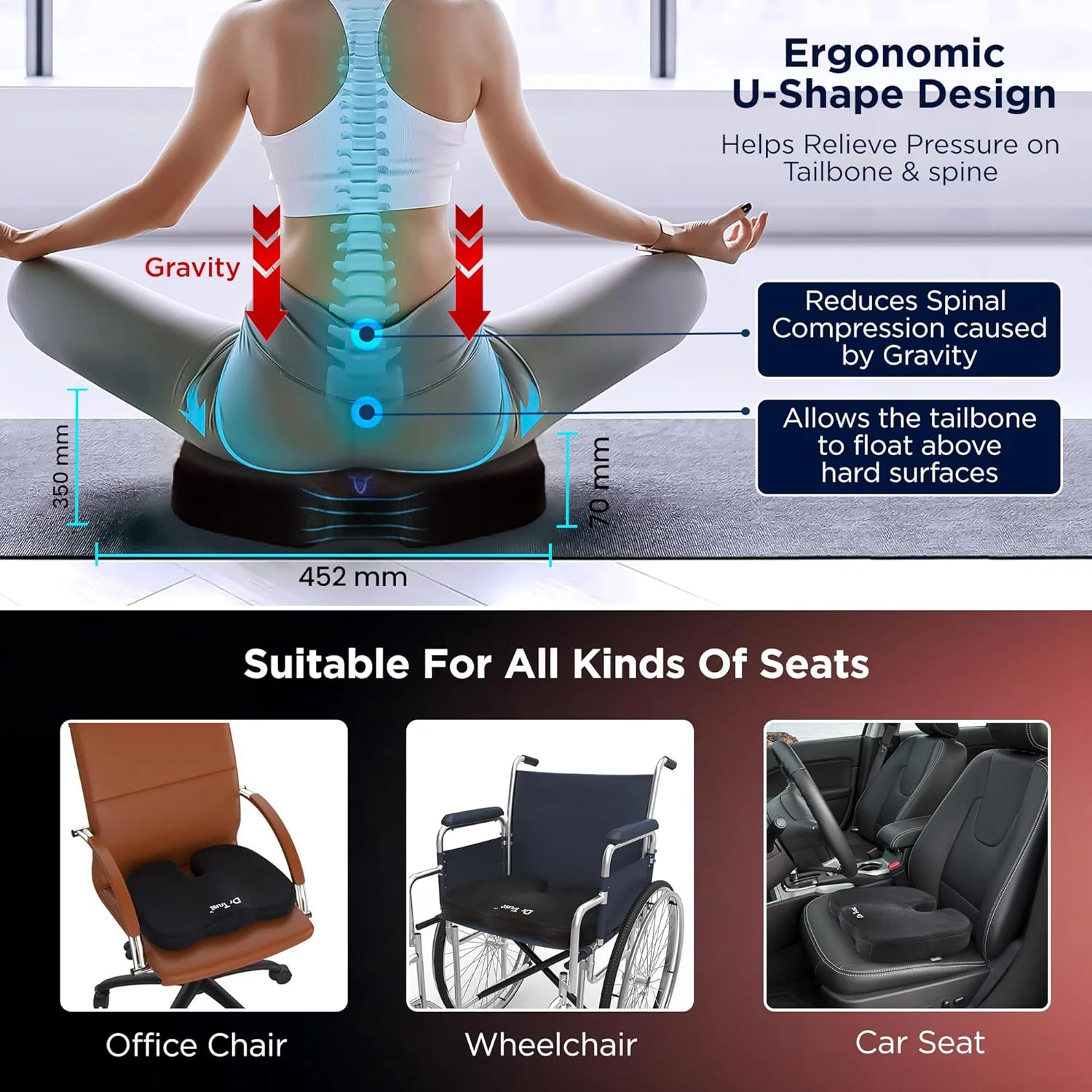 بالشتک طبی دنبالچه ضد لغزش دکتر تراست (آمریکا) برای تسکین درد دنبالچه و سیاتیک و پشتیبانی از باسن