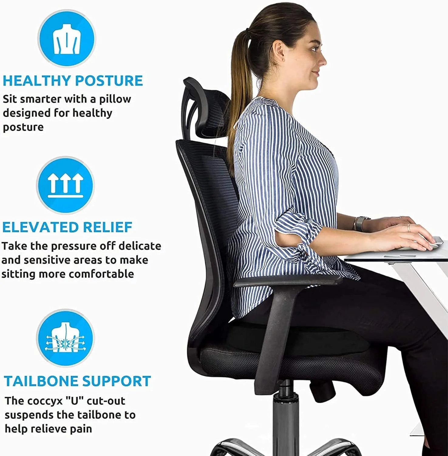 بالشتک صندلی فوم حافظه دار ELECDON، بالشتک صندلی ماساژ، بالشتک ضد بواسیر، لیفت باسن، ارتوپدی یوگا، بالش استخوان دنبالچه فوم راحت، پد بالشتک صندلی صندلی اداری خودرو (مشکی)