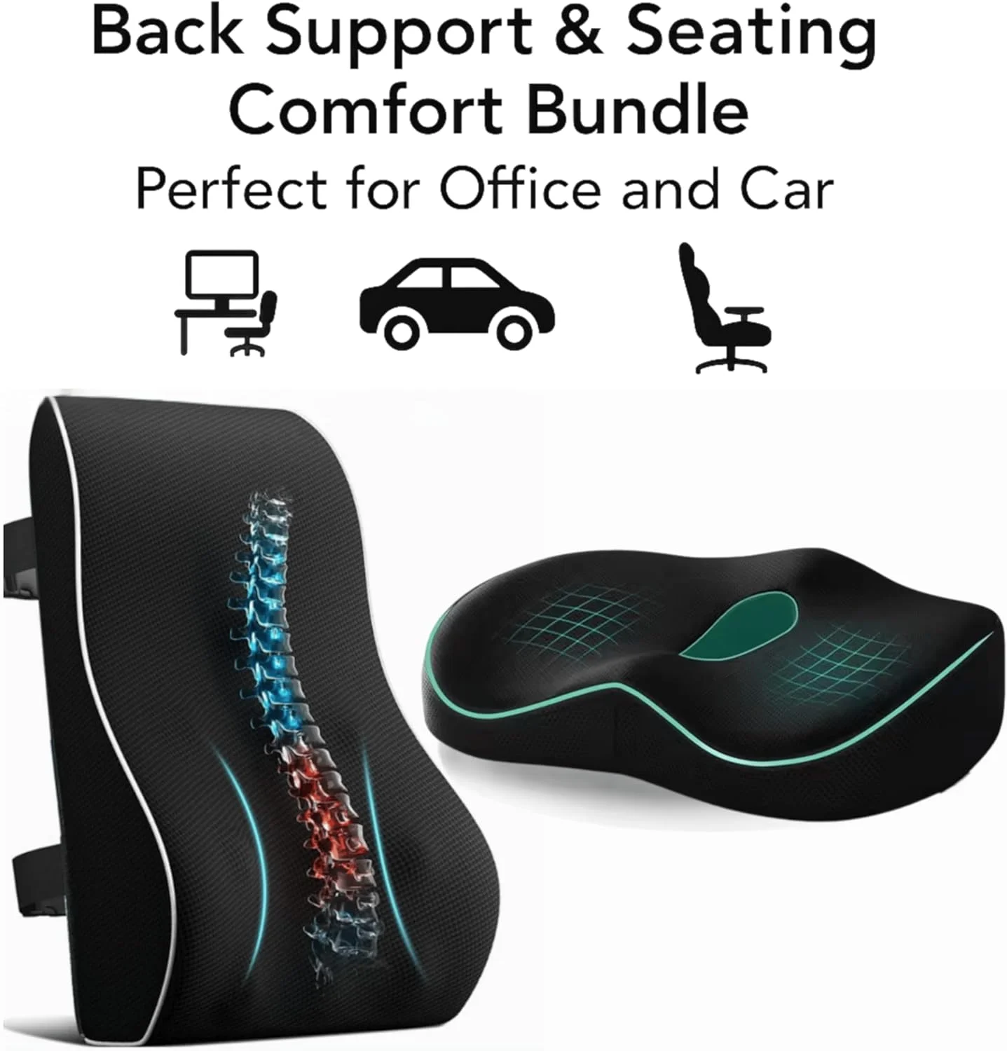 ست پشتیبانی از کمر و نشیمنگاه برای راحتی روزانه - بالشتک های فوم حافظه دار ارگونومیک برای دفتر، ماشین و خانه | تسکین درد کمر و دنبالچه، بهبود وضعیت بدنی، تنفس پذیر، تسکین در تمام طول روز