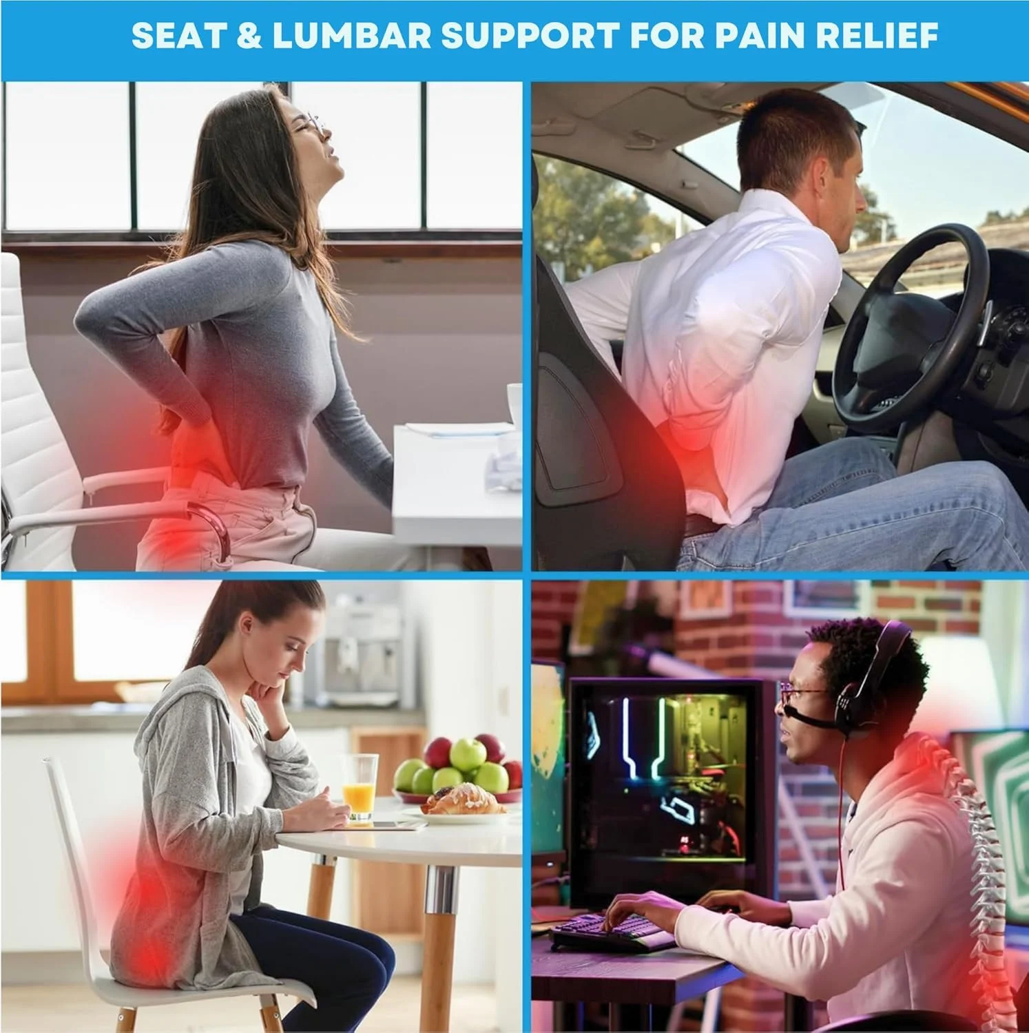 ست پشتیبانی از کمر و نشیمنگاه برای راحتی روزانه - بالشتک های فوم حافظه دار ارگونومیک برای دفتر، ماشین و خانه | تسکین درد کمر و دنبالچه، بهبود وضعیت بدنی، تنفس پذیر، تسکین در تمام طول روز