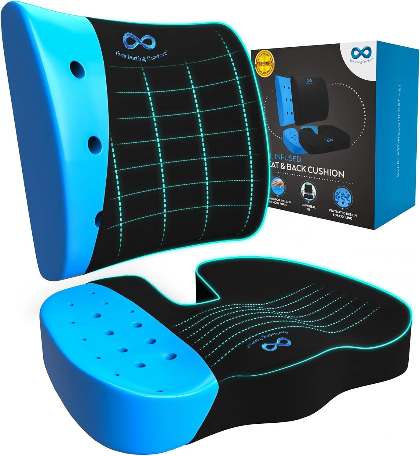 ست کوسن صندلی فوم حافظه‌دار و بالش پشتیبانی کمر - تزریق شده با ژل و دارای تهویه برای صندلی اداری، خودرو، استخوان دنبالچه، سیاتیک، تسکین درد کمر، پد ارتوپدی (مشکی)