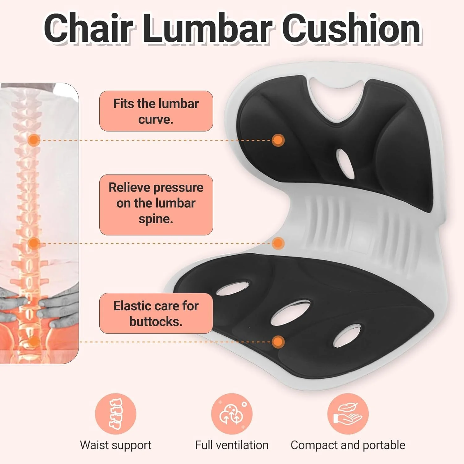 پشتیبانی ارگونومیک از کمر صندلی، کوسن صندلی اداری، پشتیبانی کمری برای صندلی، اصلاح کننده وضعیت بدنی قابل حمل، کوسن صندلی خودرو با طراحی گلبرگی برای محافظت از کمر (مشکی)