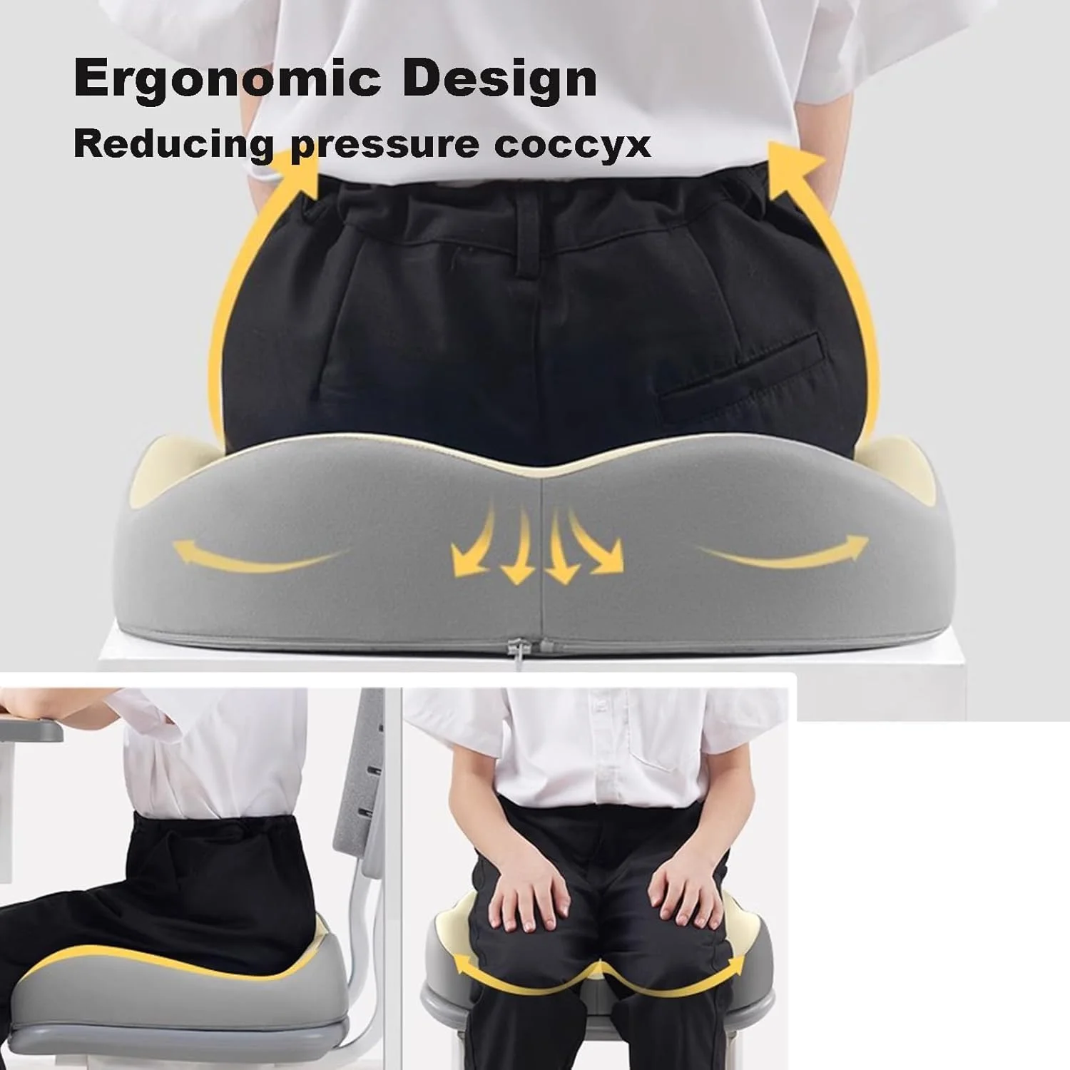 بالشتک صندلی فوم حافظه دار برای صندلی اداری، بالشتک ارتوپدی دنبالچه ارگونومیک برای تسکین درد دنبالچه و سیاتیک، پشتیبانی کمری، روکش قابل شستشو ضد لغزش، بژ