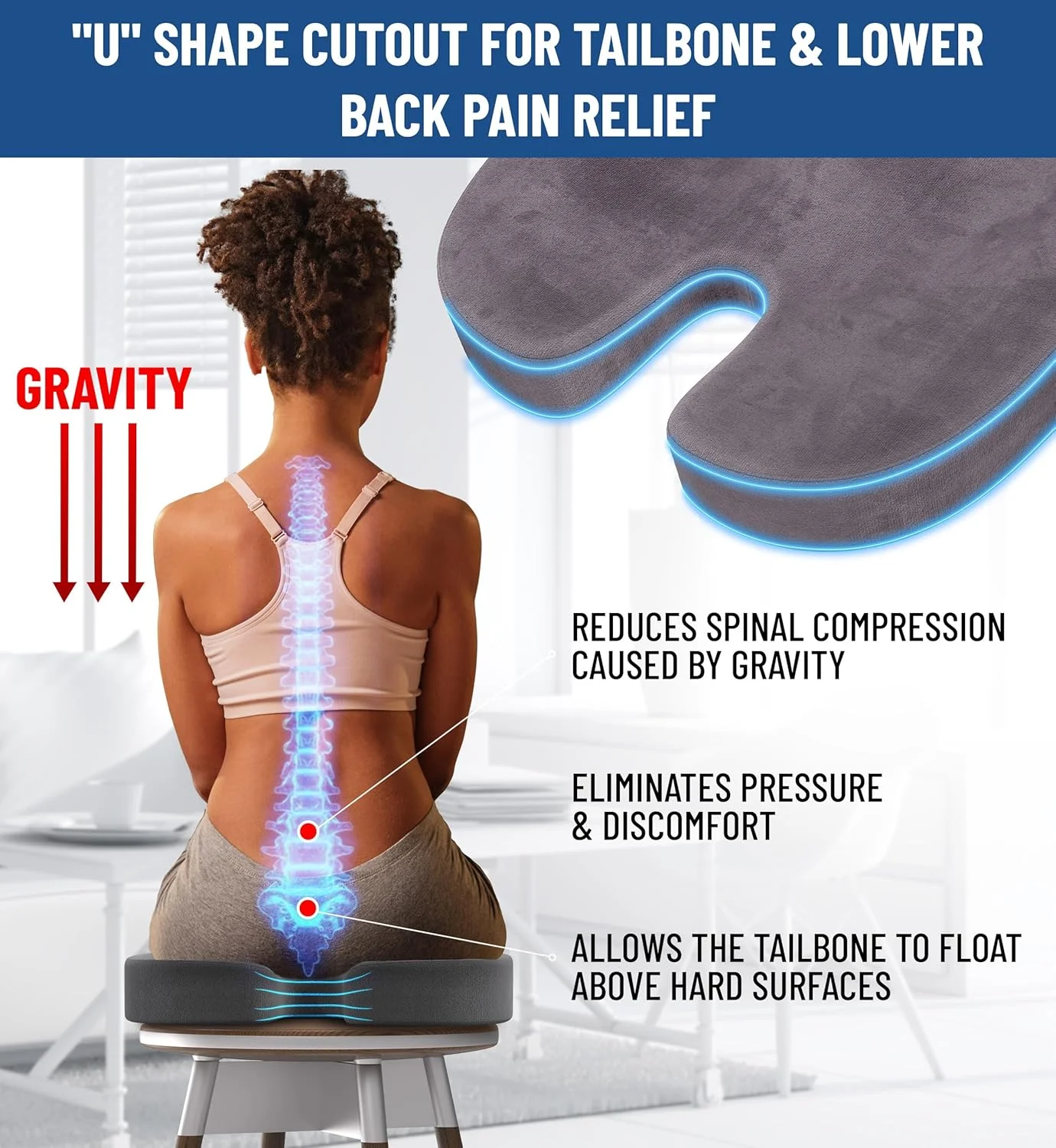 بالشتک صندلی فوم حافظه دار برای تسکین درد کمر، دنبالچه و استخوان دنبالچه - لوازم جانبی کار، میز، ماشین، بازی و دفتر کار خانگی - پد بالشتک صندلی سیاتیک (خاکستری)