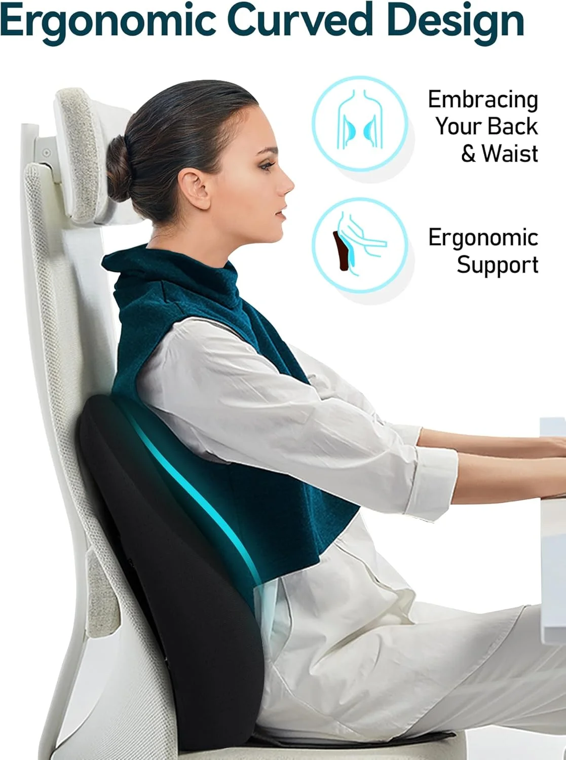 بالشتک طبی ارگونومیک برای پشتی کمر، فوم مموری ژل دار برای صندلی خودرو، صندلی اداری و صندلی گیمینگ، پشتی با روکش سازگار با پوست و بندهای قابل تنظیم دوبل، مشکی