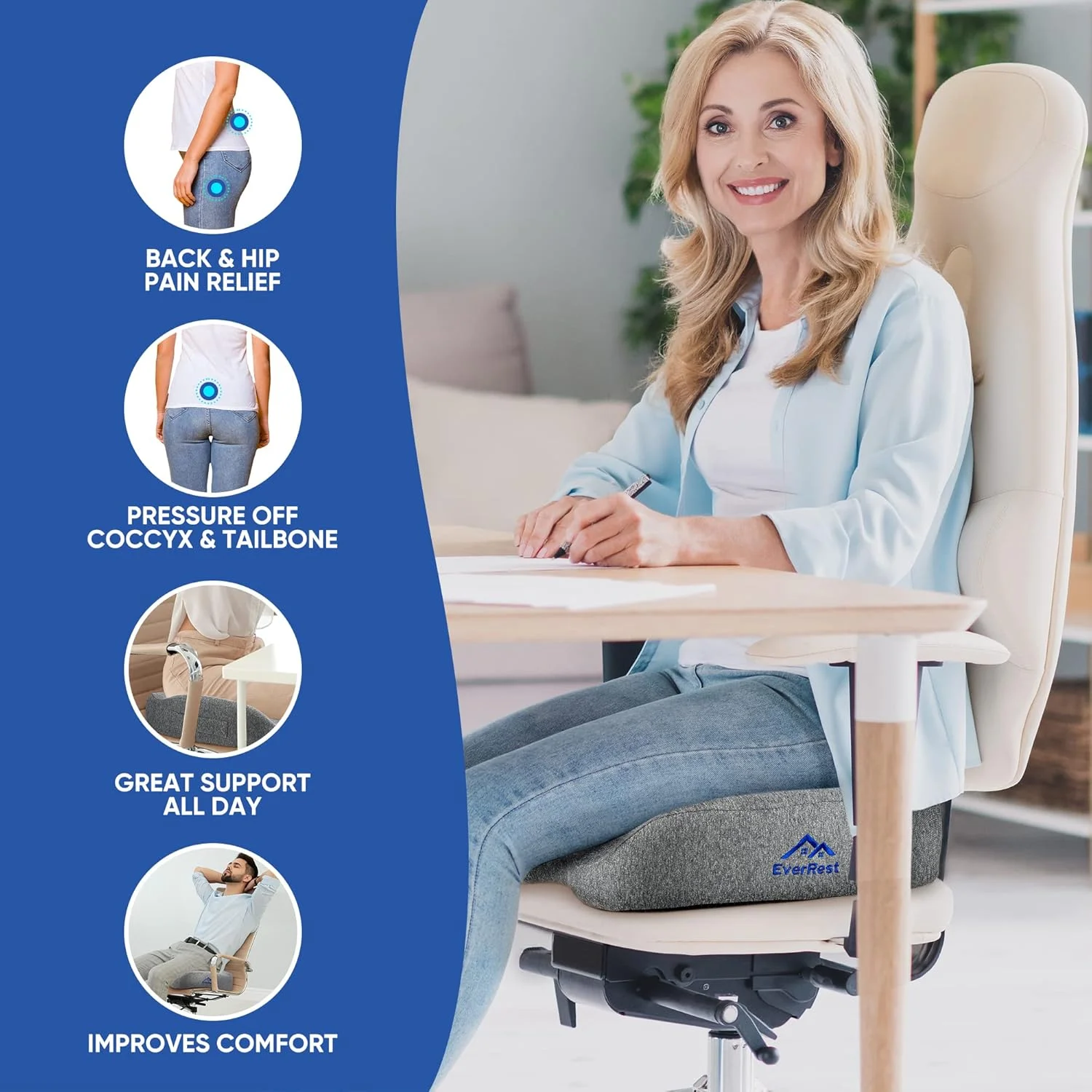 بالشتک صندلی EVERREST سایز بزرگ برای صندلی اداری - بالشت فوم حافظه دار ضخیم و فوق العاده پهن برای دنبالچه، سیاتیک و تسکین درد کمر - پد ضخیم برای نشستن طولانی مدت و بازی