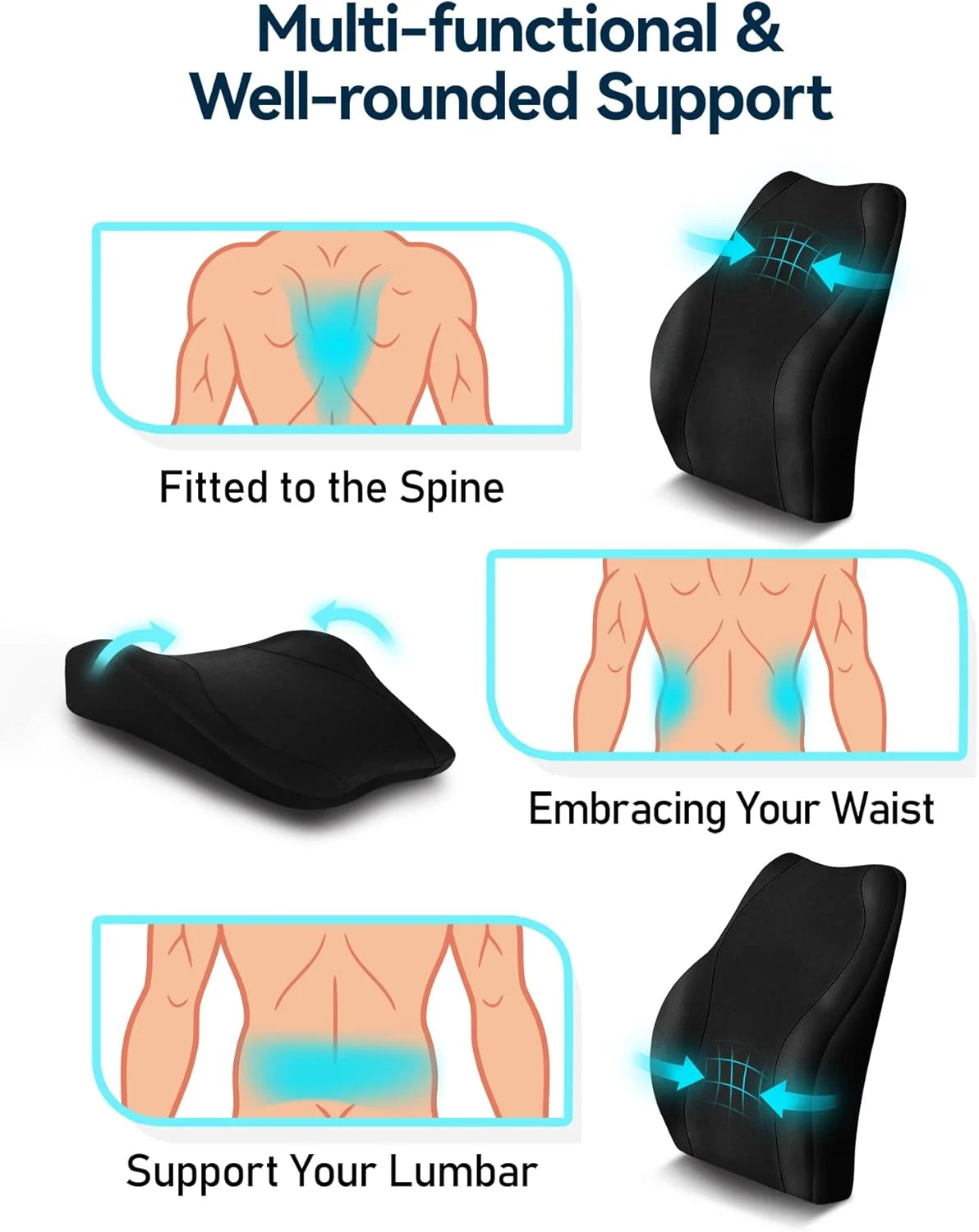 بالشتک طبی ارگونومیک برای پشتی کمر، فوم مموری ژل دار برای صندلی خودرو، صندلی اداری و صندلی گیمینگ، پشتی با روکش سازگار با پوست و بندهای قابل تنظیم دوبل، مشکی
