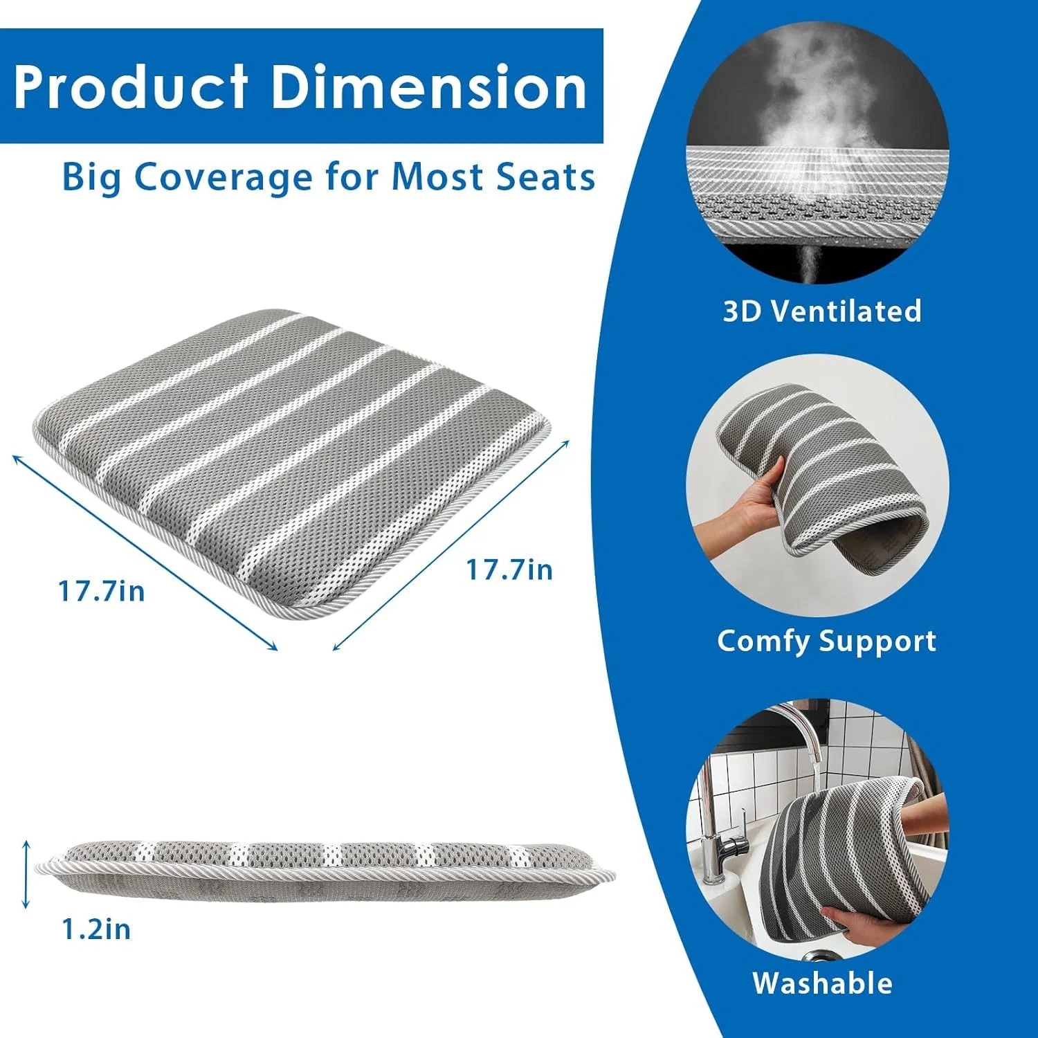 بالشتک صندلی اداری Excefore، بالشتک مربعی ضد لغزش صندلی خودرو با پد توری سه بعدی هوا، پد خنک کننده صندلی خودرو، شستشوی آسان، صندلی مسافرتی تنفسی برای نشستن طولانی مدت، بالشتک صندلی کاهش فشار، خاکستری