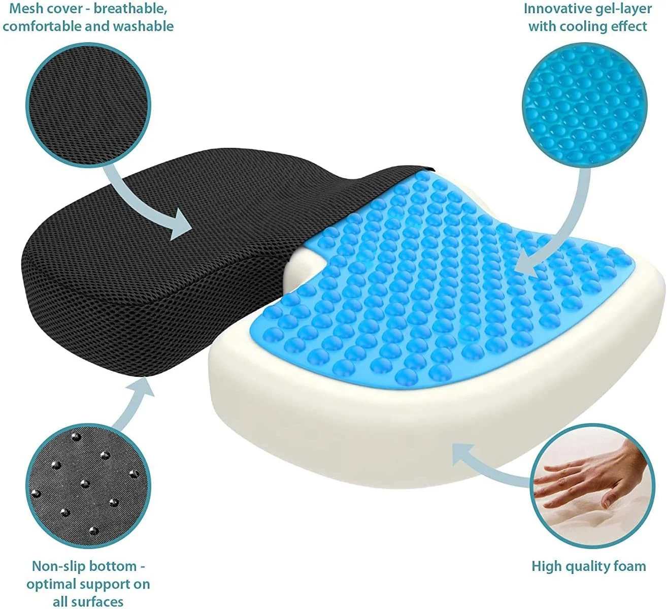 بالشتک صندلی ژله ای تقویت شده، فوم حافظه دار ارتوپدی ضد لغزش برای دنبالچه، مناسب صندلی اداری و خودرو