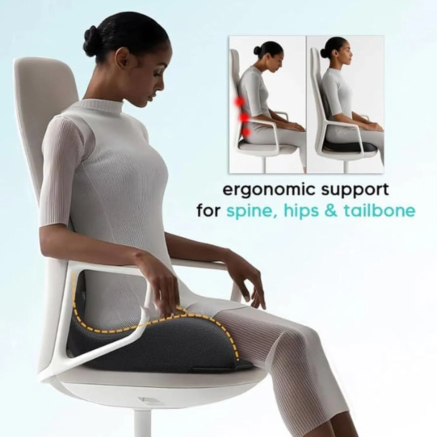 بالشتک صندلی و پشتی سویولی، پشتیبانی از کمر سویولی، بالشتک صندلی فوم حافظه دار ارگونومیک، بالشتک های یکپارچه صندلی L شکل، پشتیبانی از کمر و تسکین سیاتیک برای نشستن طولانی مدت (مشکی)