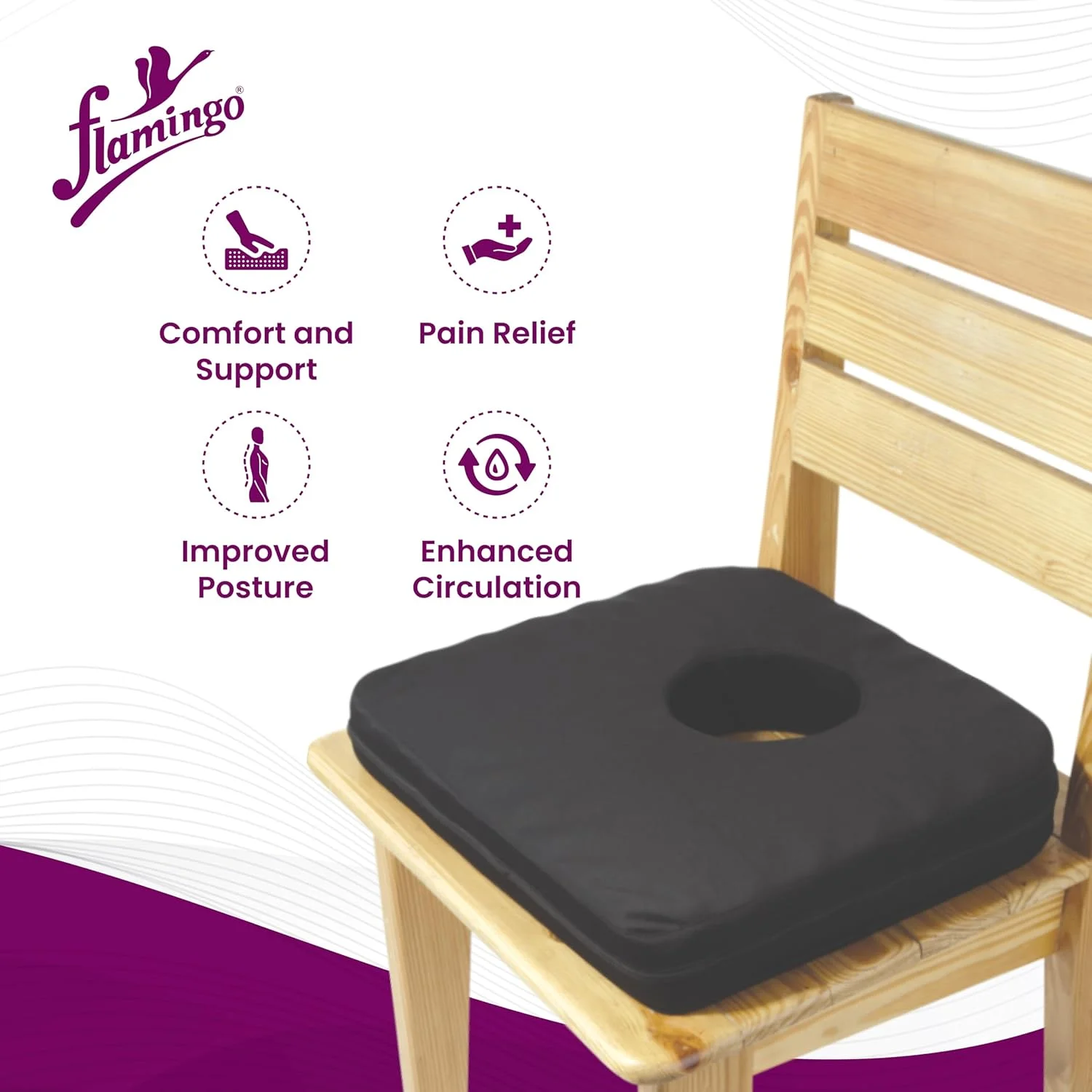 بالشتک حلقه ای طبی فلامینگو | بالشتک برای درد پایین کمر، سیاتیک، دنبالچه | تسکین پس از جراحی، صندلی خودرو و صندلی معمولی | مشکی