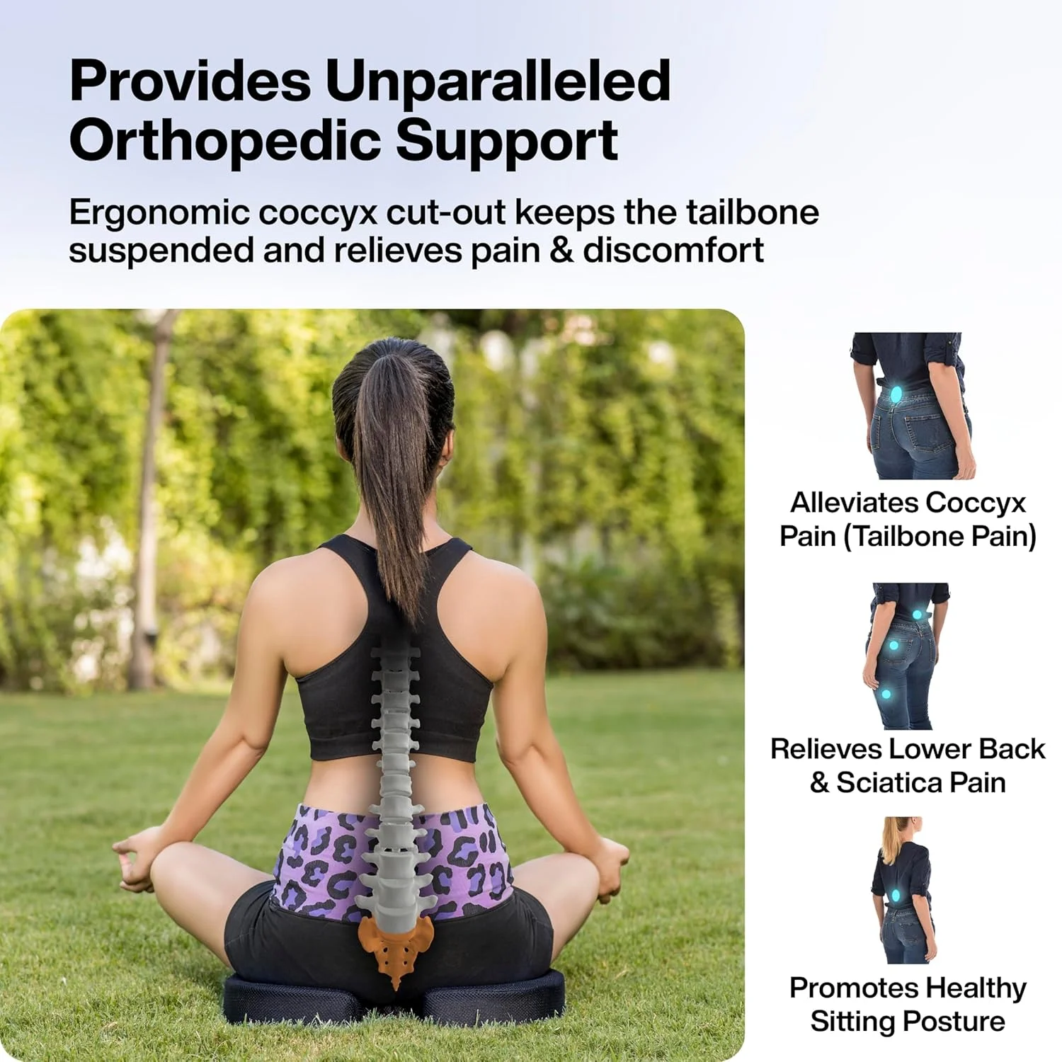 بالشتک دنبالچه ارتوپدی FOVERA، بالشتک صندلی، بالشتک صندلی خودرو، بالش نشیمن فوم حافظه دار برای تسکین درد دنبالچه، سیاتیک و کمر (L-بالای 65 کیلوگرم وزن، مشکی)