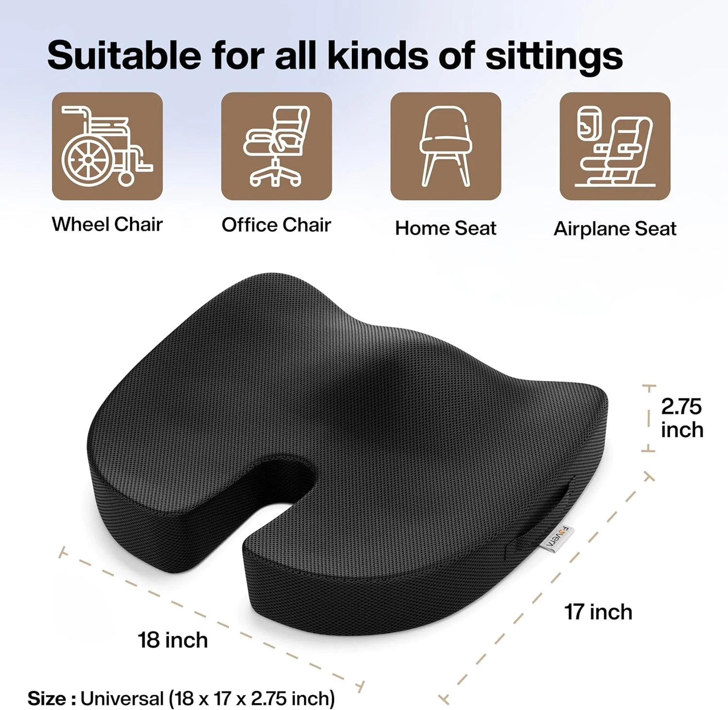 بالشتک دنبالچه ارتوپدی FOVERA، بالشتک صندلی، بالشتک صندلی خودرو، بالش نشیمن فوم حافظه دار برای تسکین درد دنبالچه، سیاتیک و کمر (L-بالای 65 کیلوگرم وزن، مشکی)