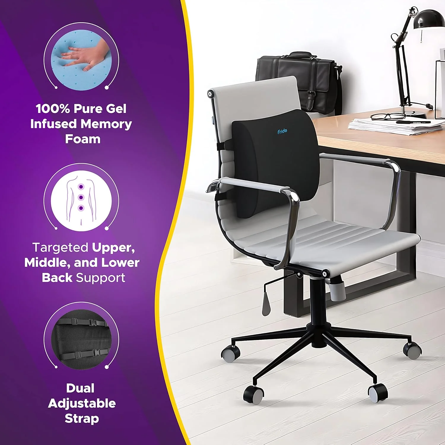 بالشتک پشتی کمری فریدوم، کوسن صندلی اداری، بهبود دهنده وضعیت بدنی، فوم حافظه دار تزریق شده با ژل، دارای تهویه هوا، بندهای دوتایی قابل تنظیم (مشکی) بالشتک پشتی کمری فریدوم، کوسن صندلی اداری، بهبود دهنده وضعیت بدنی، فوم حافظه دار تزریق شده با ژل، دارای تهویه هوا، بندهای دوتایی قابل تنظیم (مشکی)