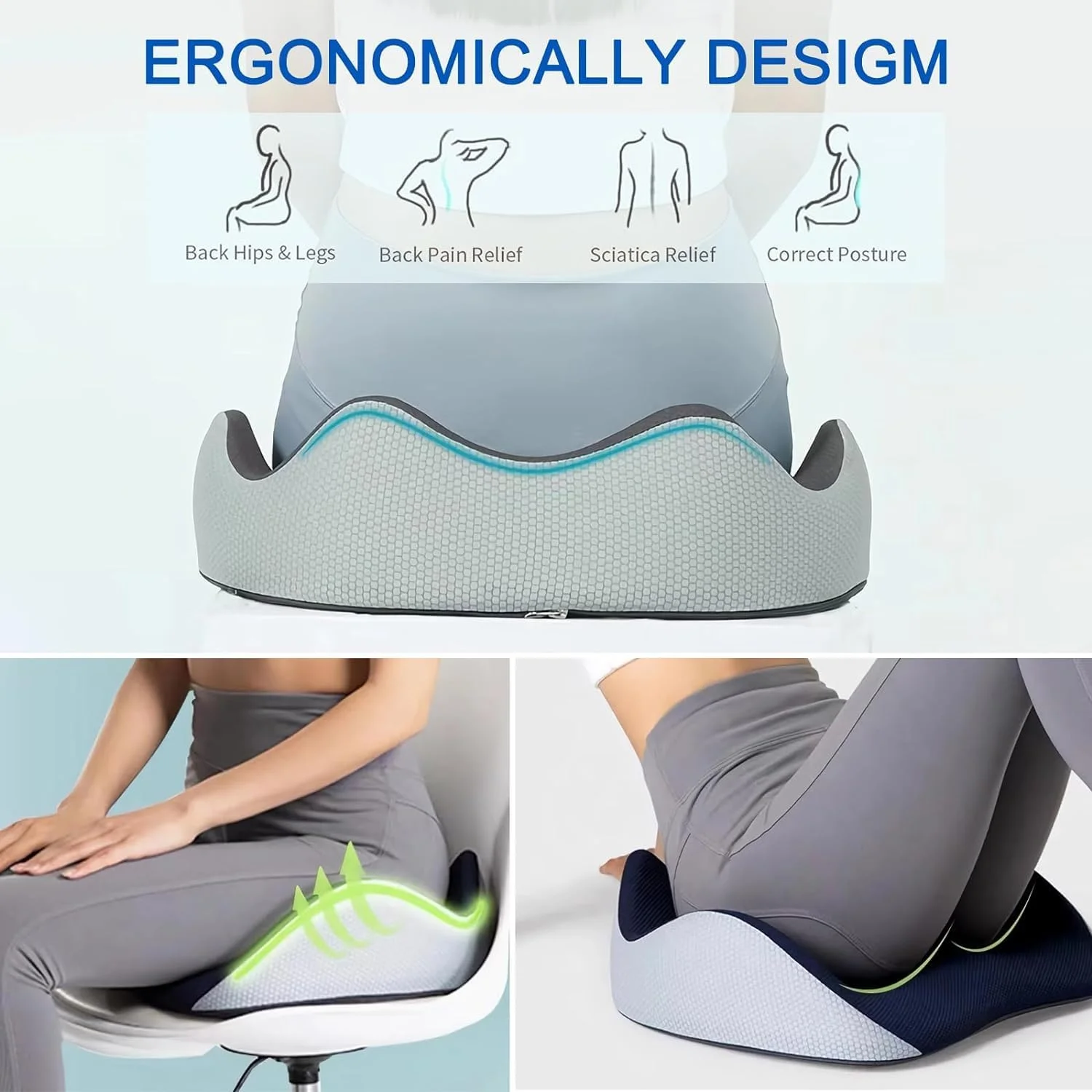 بالشتک صندلی فوم حافظه‌دار GGEROU برای صندلی اداری، بالشتک صندلی اداری با پوشش کامل سه بعدی برای تسکین درد دنبالچه، کمردرد، پشتیبانی بالشتک صندلی برای خانه، دفتر و راننده صندلی خودرو (A) (A)