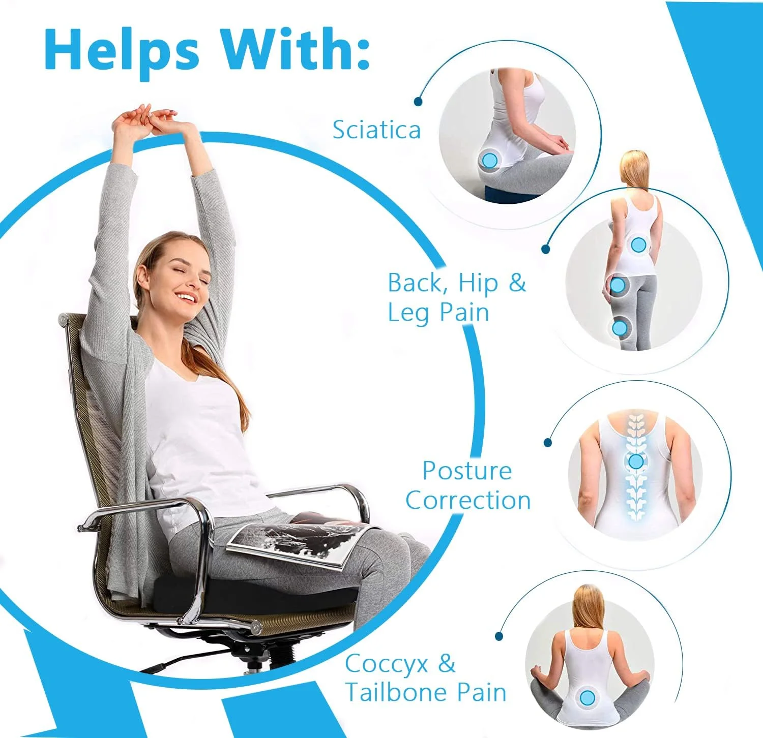 بالشتک صندلی گلوکلاز، پد ژله ای خنک کننده، بالش دنبالچه برای صندلی اداری، مناسب برای آقایان و بانوان، تسکین درد سیاتیک و دنبالچه، مناسب برای خودرو، ویلچر و هواپیما (مشکی)