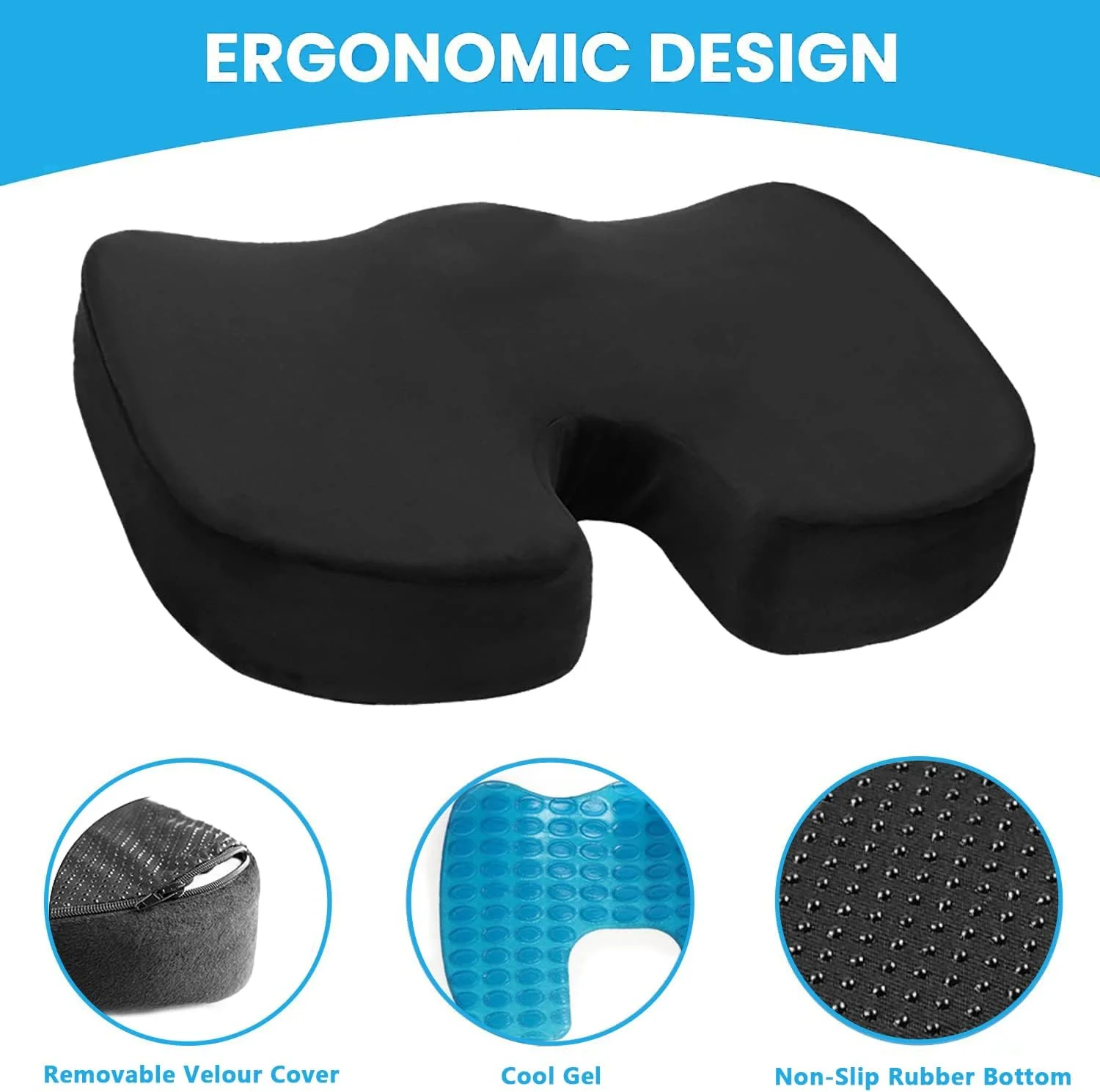 بالشتک صندلی گلوکلاز، پد ژله ای خنک کننده، بالش دنبالچه برای صندلی اداری، مناسب برای آقایان و بانوان، تسکین درد سیاتیک و دنبالچه، مناسب برای خودرو، ویلچر و هواپیما (مشکی)